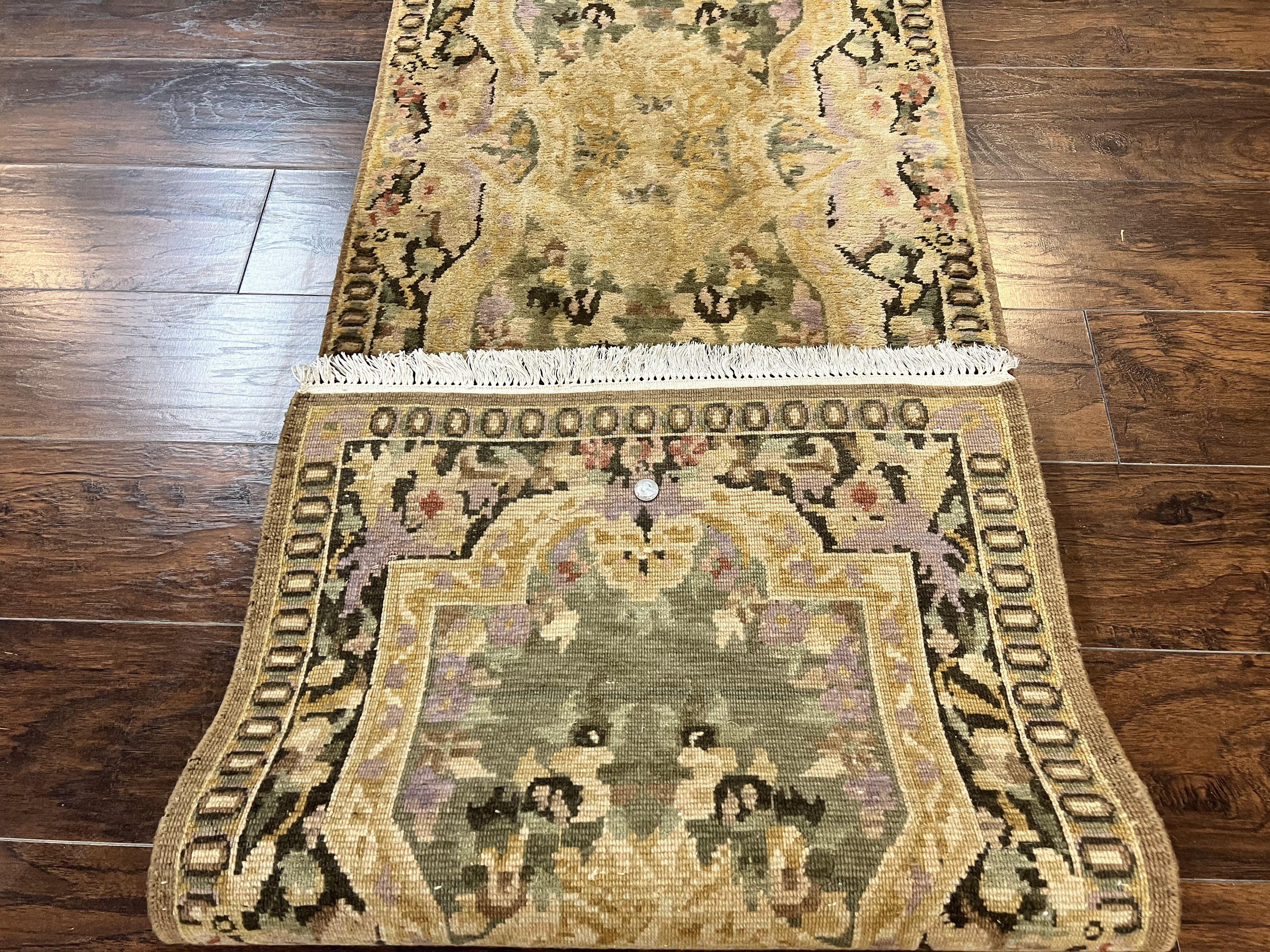 Tibetan Runner Rug 2.6 x 10, French Aubusson Pattern, Gold Olive Green, Vintage Handmade European Design, Wool Hallway Rug - Jewel Rugs