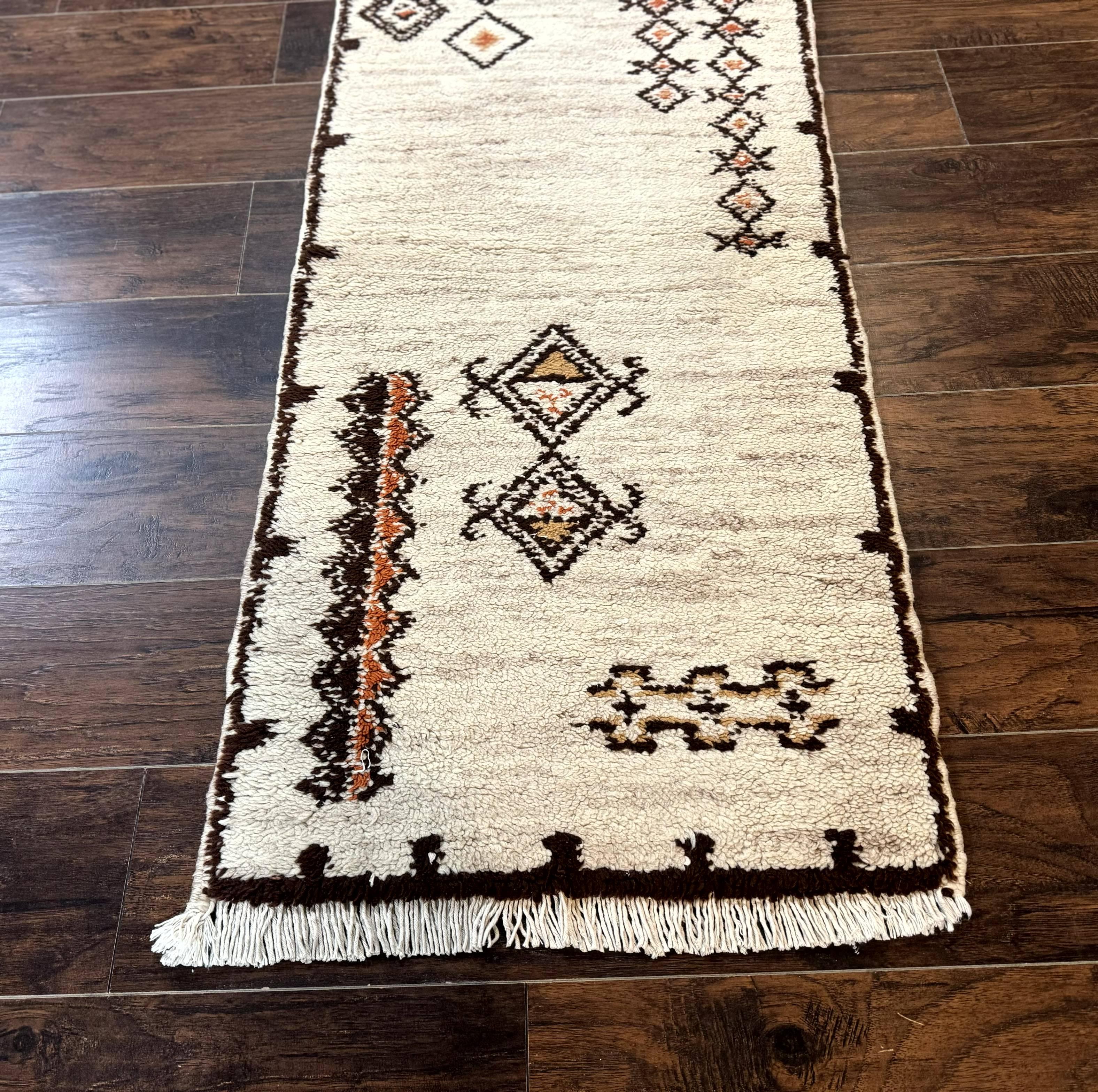 Moroccan Runner Rug 2x5, Short Runner, Geometric Abstract Tribal Design, Wool Carpet, Ivory - Jewel Rugs