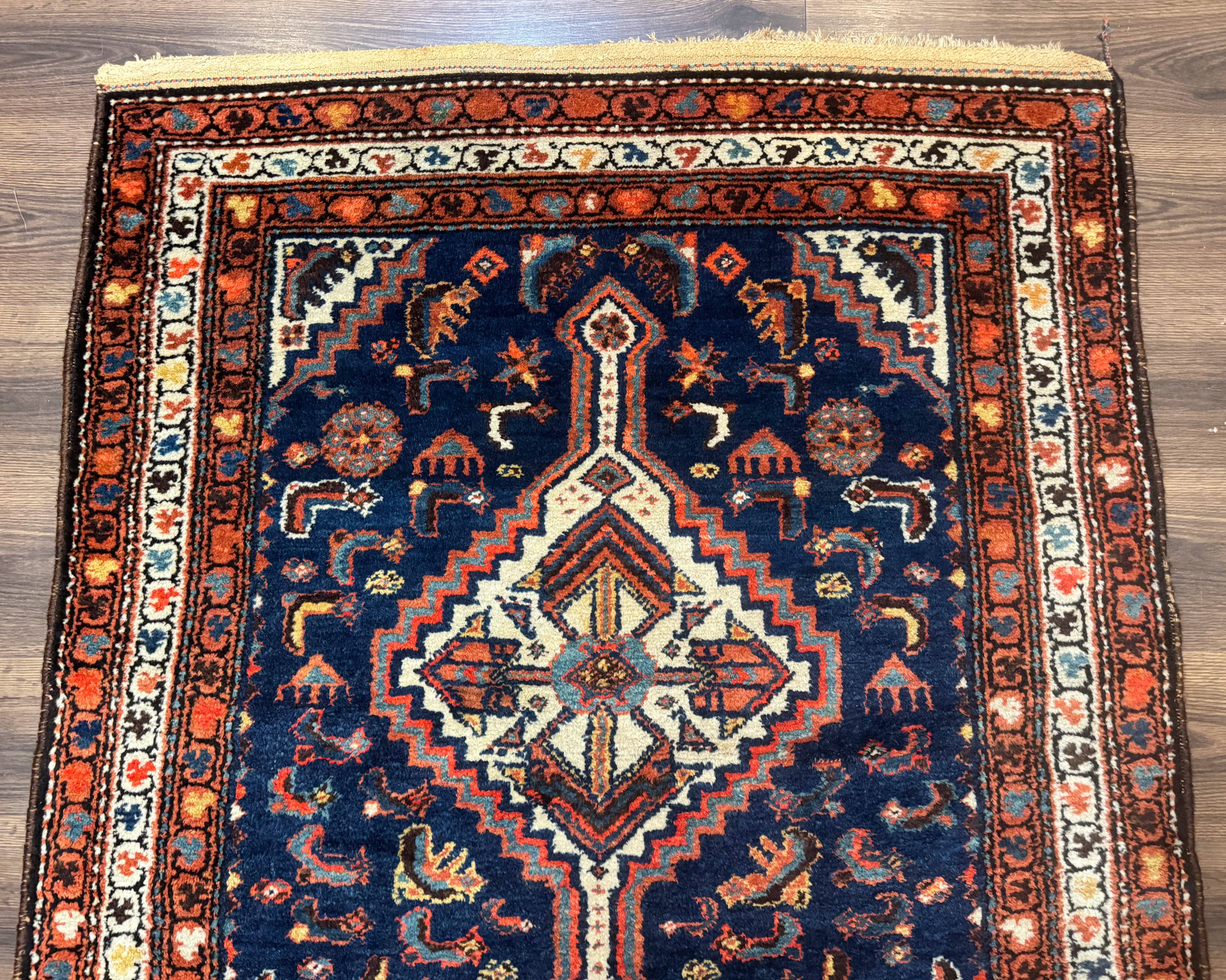 Antique Persian Hamadan Rug 4x6, Geometric, Double Medallions, Navy Blue, Tribal Carpet - Jewel Rugs