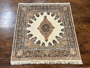 Square Persian Kirman Rug 4x4, Hand Knotted Semi Antique Vintage Carpet, Semi Open Field, Handmade Wool Square Rug