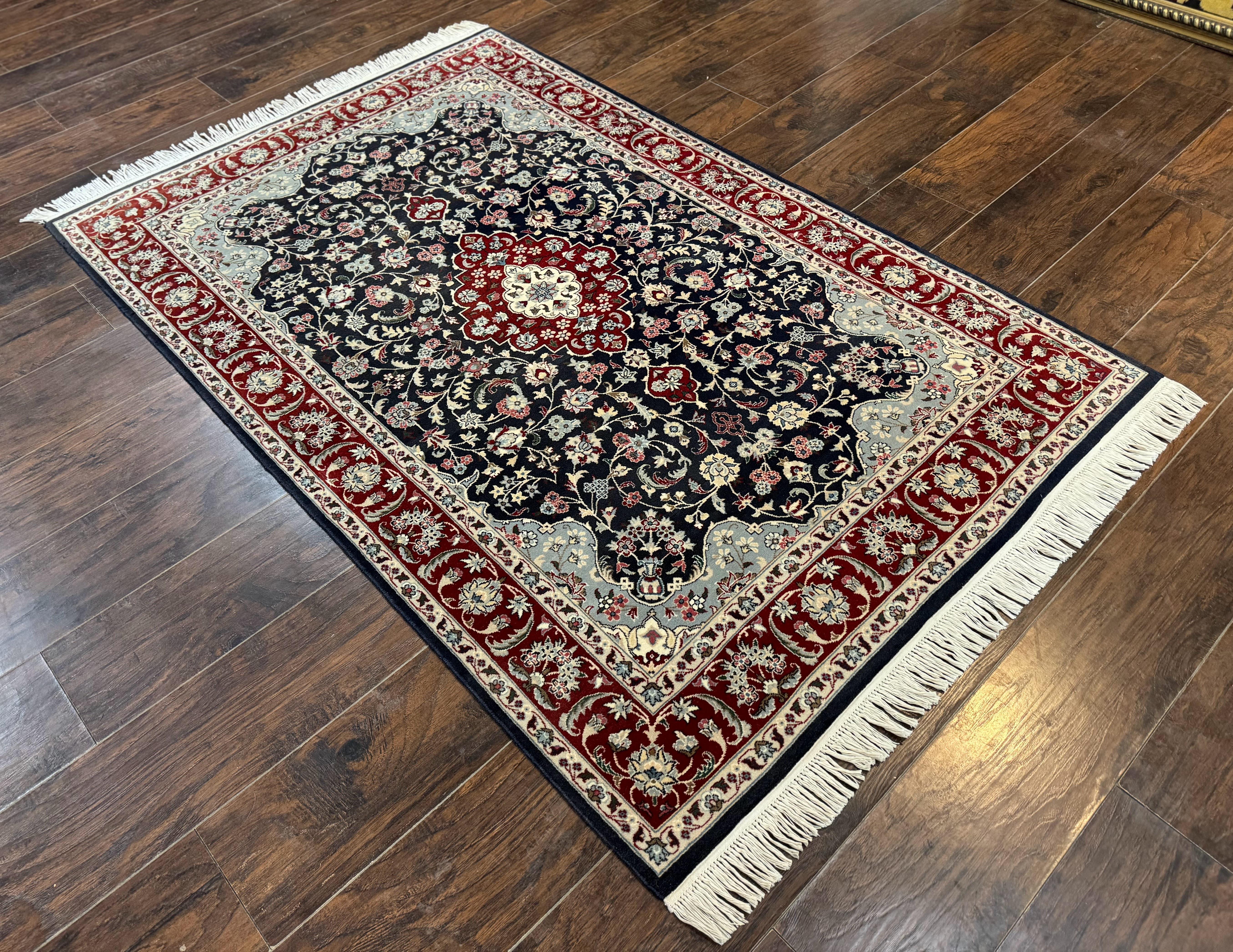 Dark Blue Persian Rug 4x6, Fine 260 KPSI, Traditional Oriental Carpet, Dark Blue and Dark Red, Pak Persian Rug, Floral Medallion, Handmade - Jewel Rugs
