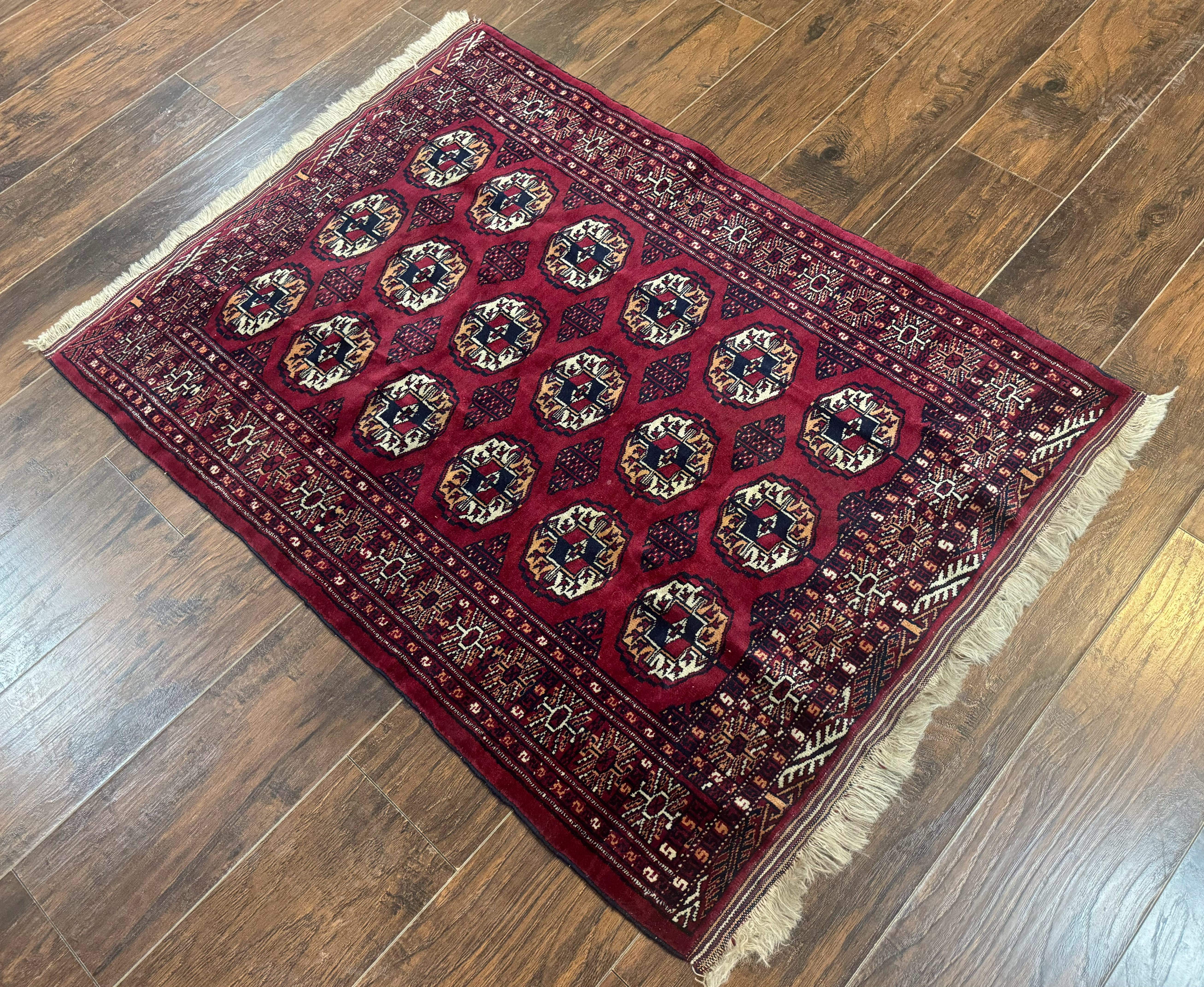 Persian Turkoman Rug 3x4 – Raspberry Red and Ivory, Handmade Wool Vintage Carpet - Jewel Rugs