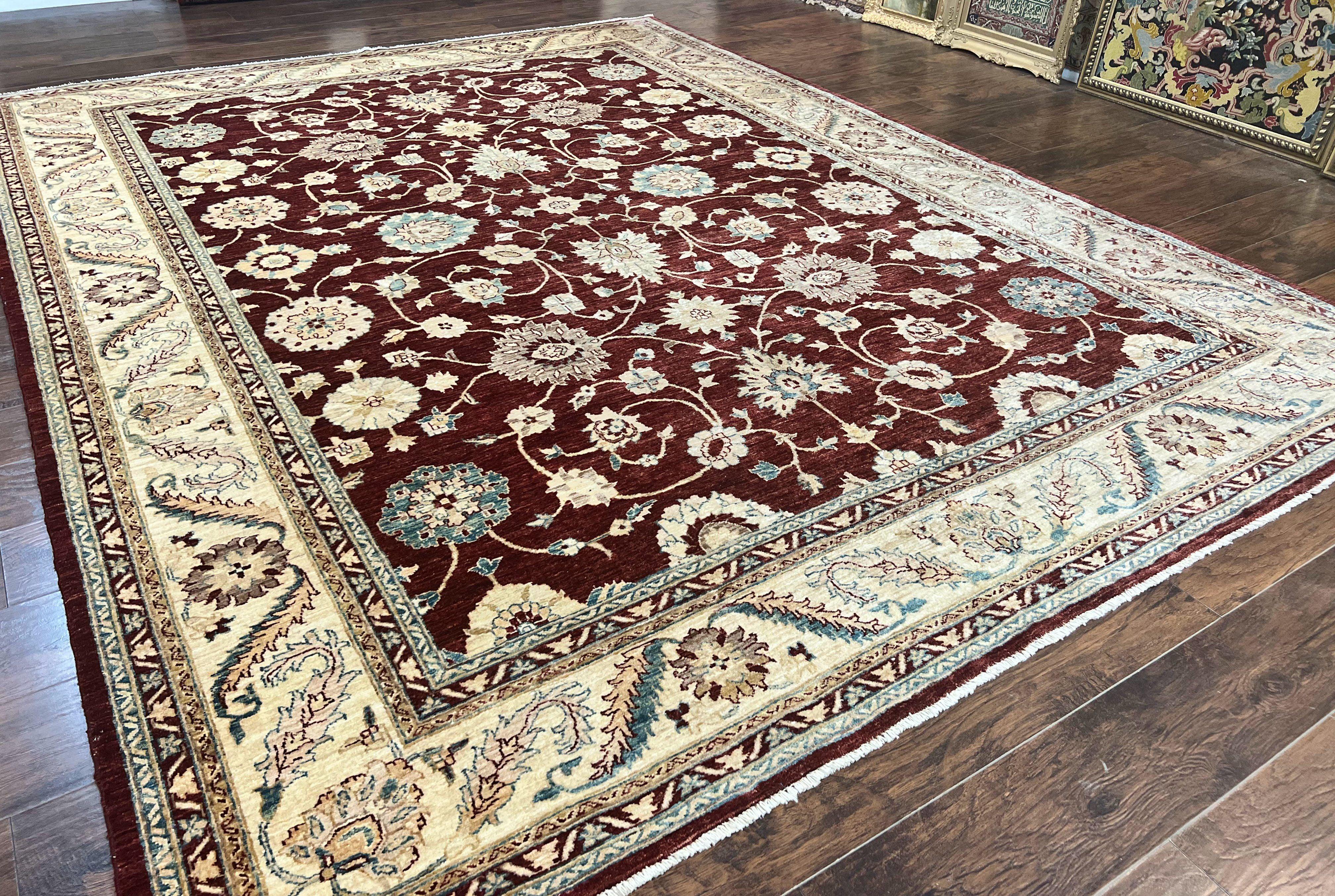 Peshawar Rug 9x11, Pakistani Oriental Carpet, Maroon and Beige, Floral Allover, Wool Hand Knotted Handmade Vintage Rug - Jewel Rugs