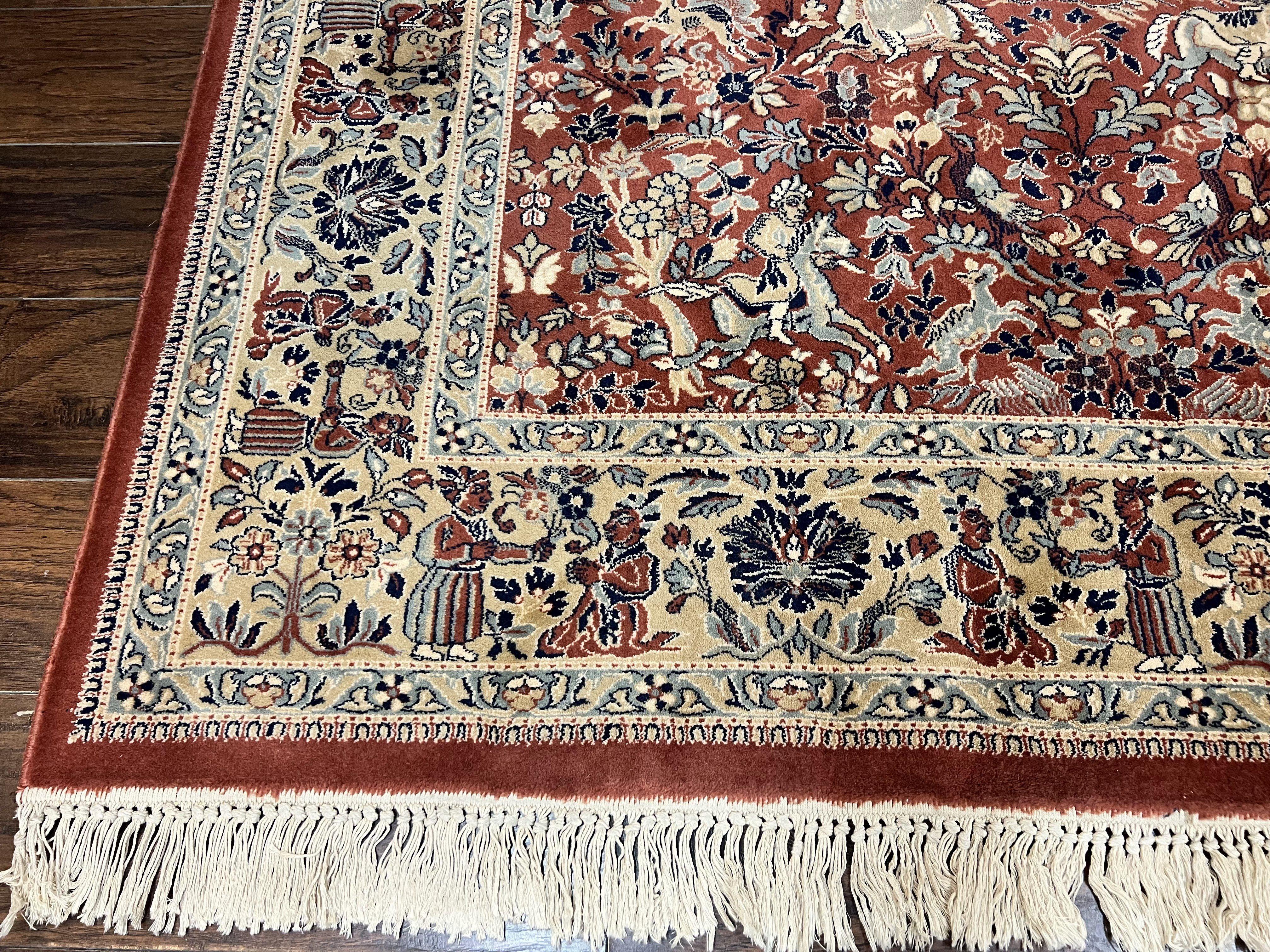 Persian Rug 10 x 13.6, Hunting Scene Rug, Large Wool Carpet, Vintage Couristan Belgium Power Loomed Rug, Red and Beige - Jewel Rugs