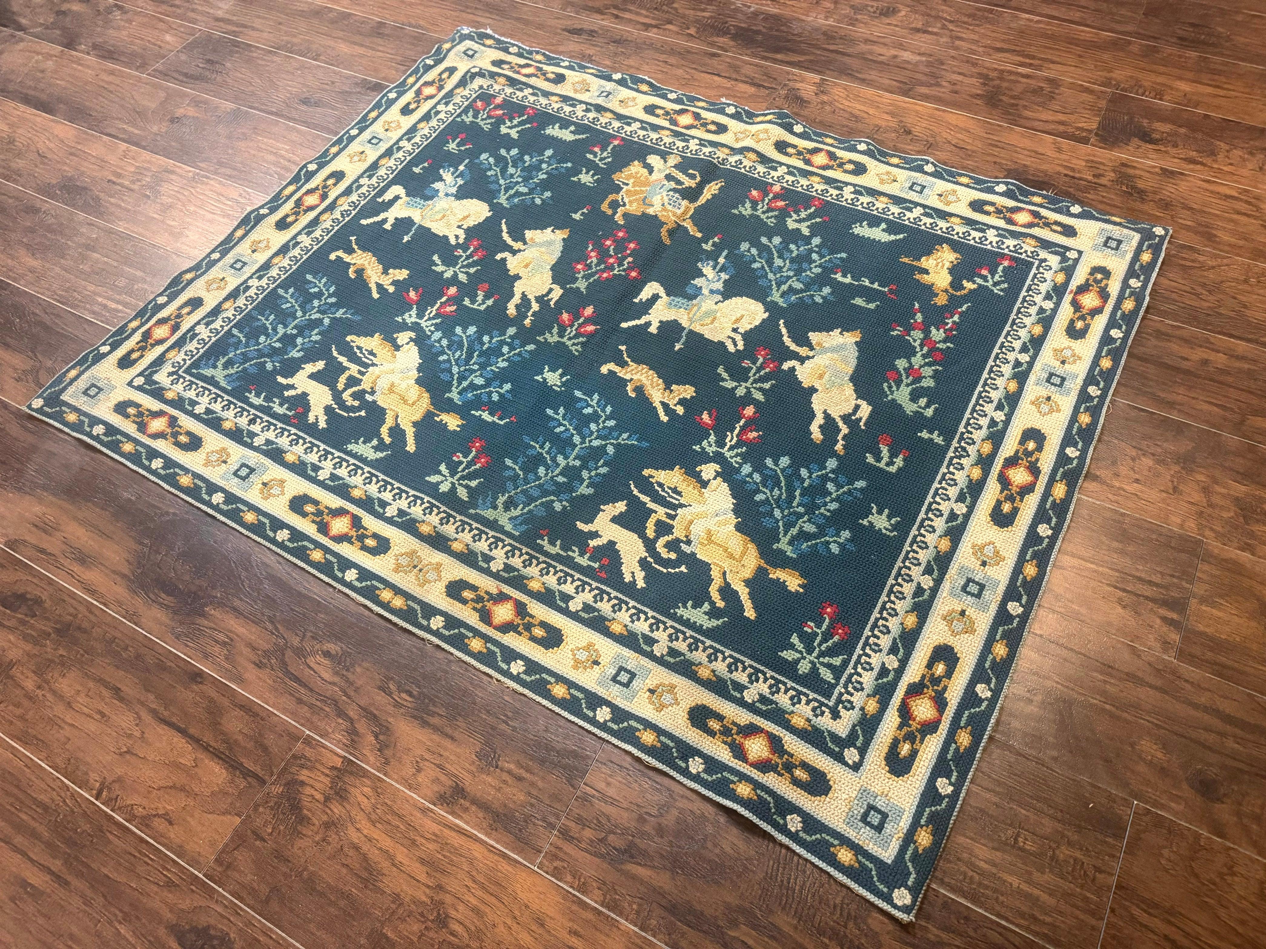 Antique Portuguese Wall Hanging Tapestry Rug, Hunting Design, Horsemen, Handmade, Flatweave - Jewel Rugs