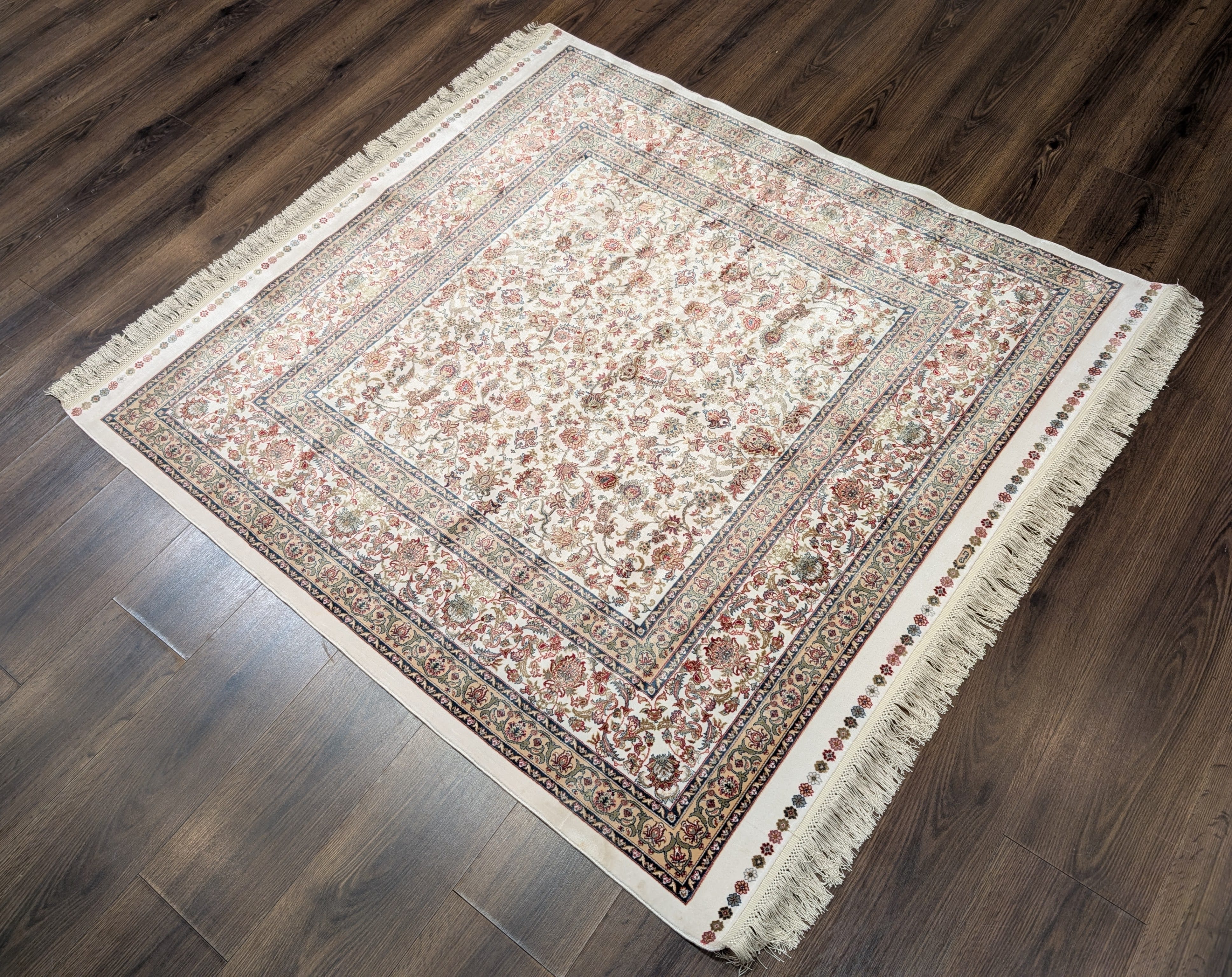 Square Silk Rug 5x5, Turkish Silk Carpet, Ivory, New, Bamboo Silk - Jewel Rugs