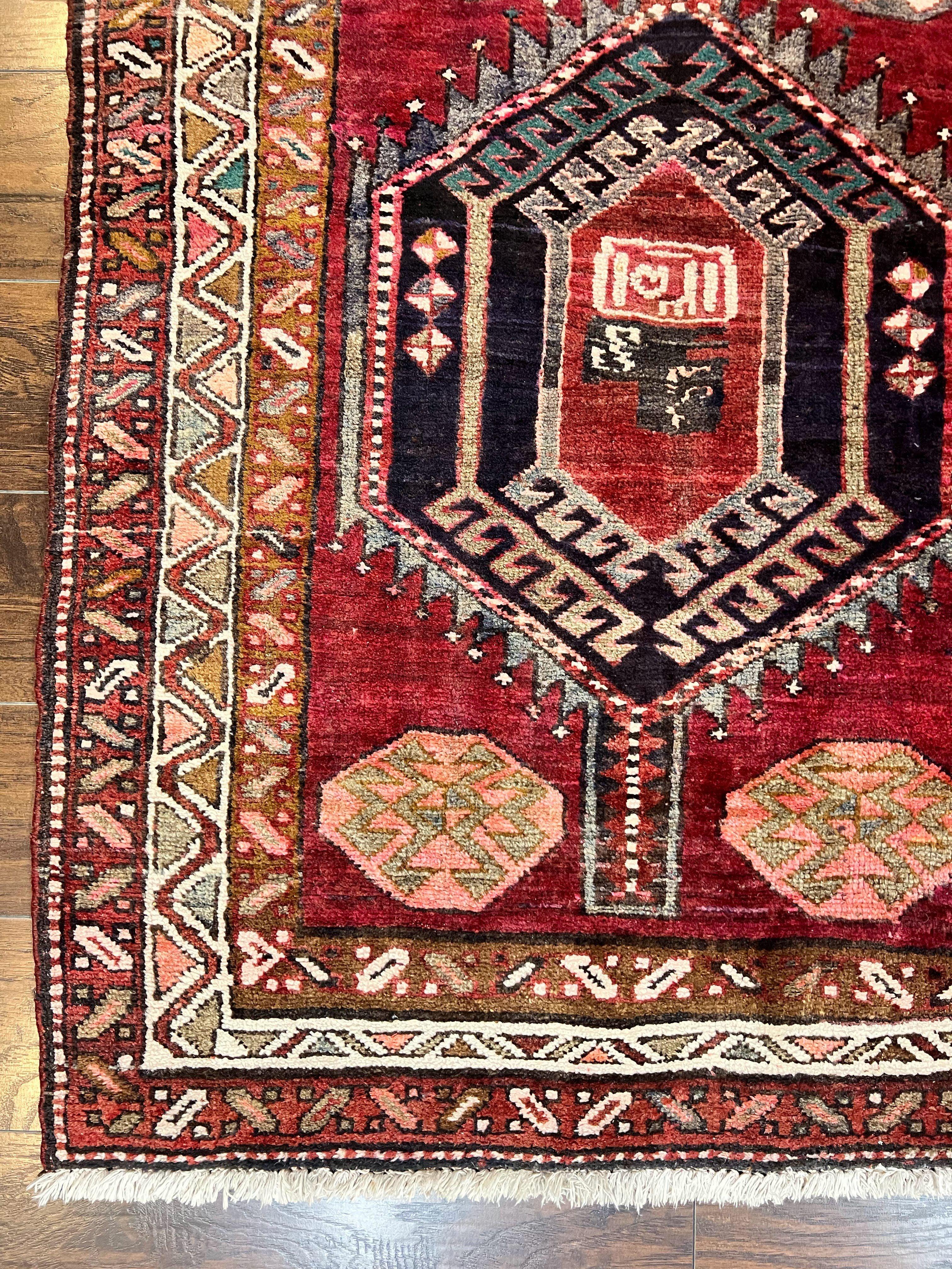 Persian Heriz Runner Rug 3.8 x 8.6, Geometric Design, Large Triple Medallions, Hand Knotted Handmade Vintage Wool Hallway Rug, Red - Jewel Rugs