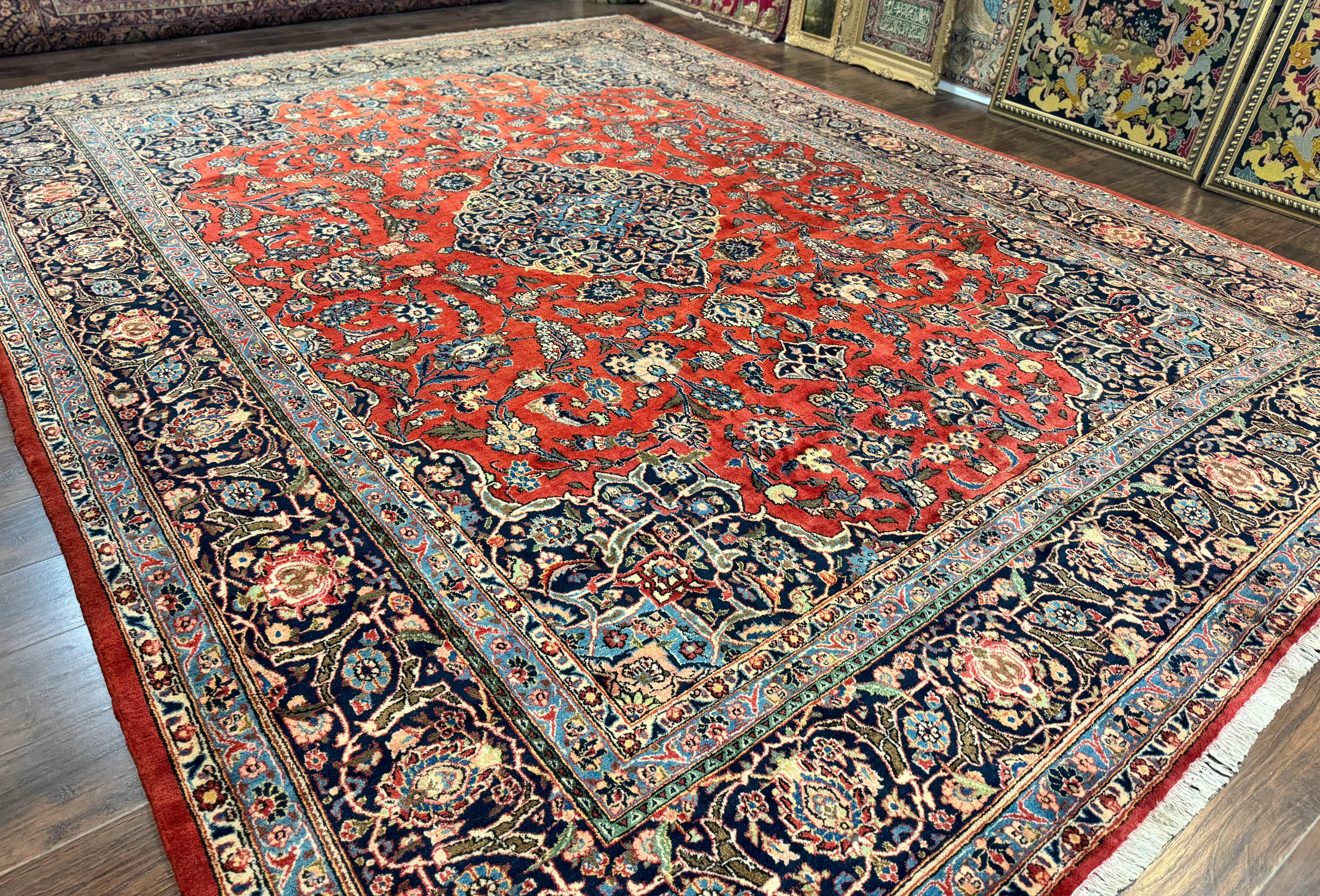 Red Persian Kashan Rug 10x14, Hand-Knotted Semi Antique Floral Medallion Handmade Wool Carpet, Red & Navy Blue - Jewel Rugs