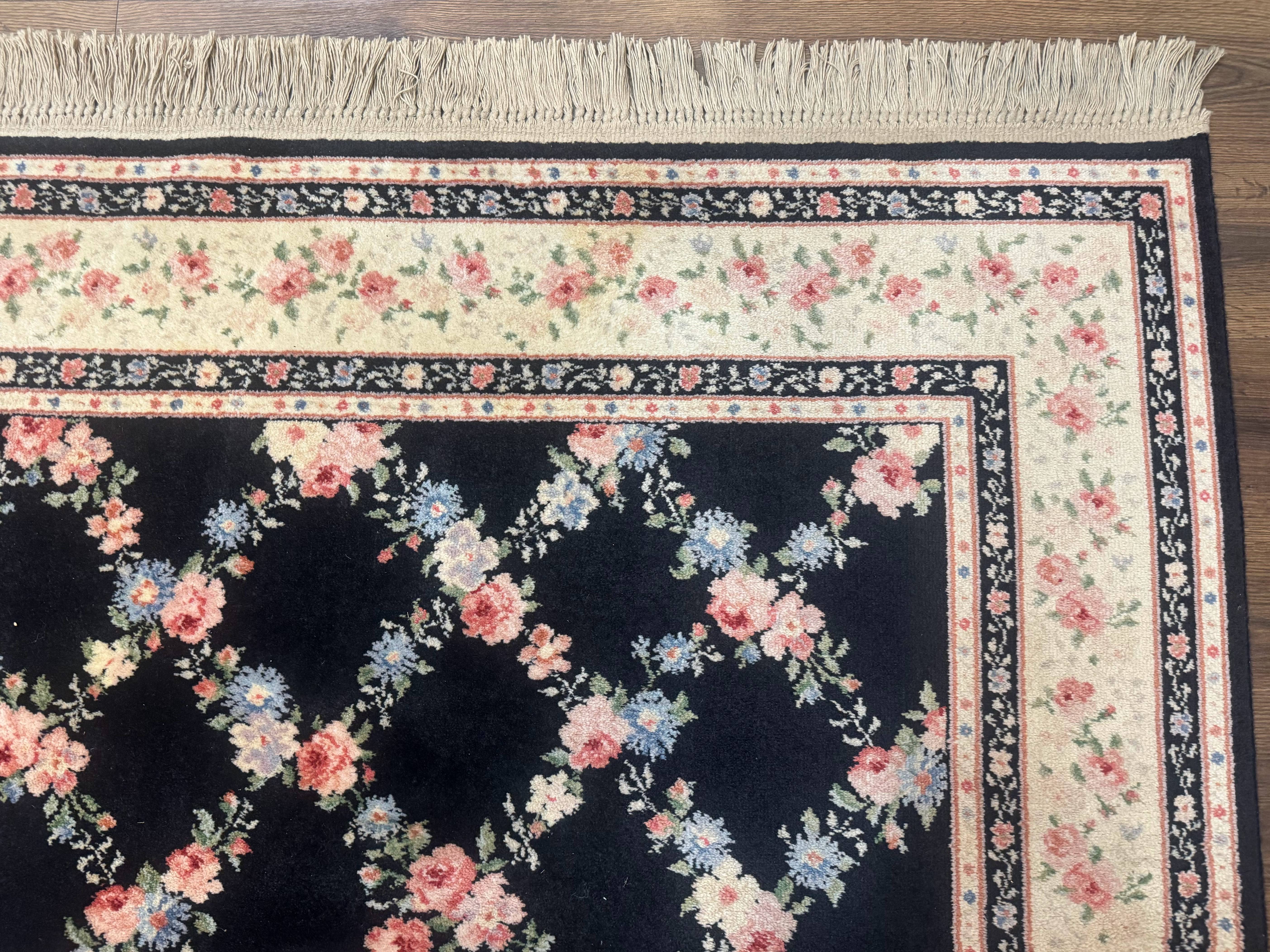 8.8 x 12 Karastan Garden of Eden Rug, Ebony Trellis #509/1270, Black, Floral, Wool Pile, Vintage, Discontinued - Jewel Rugs
