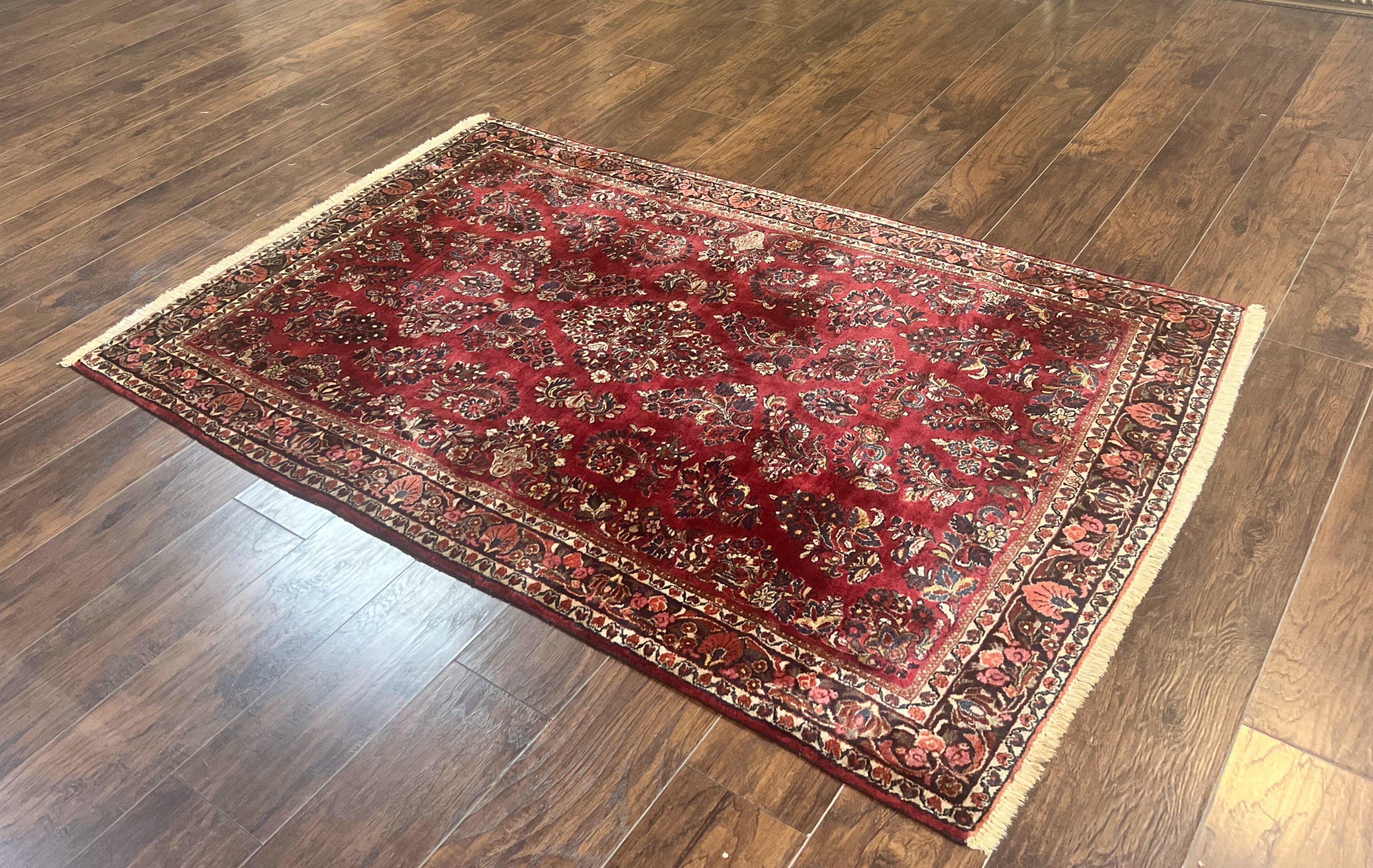 Antique Persian Sarouk Rug 4x7, Hand Knotted Wool Red Persian Carpet, Floral - Jewel Rugs