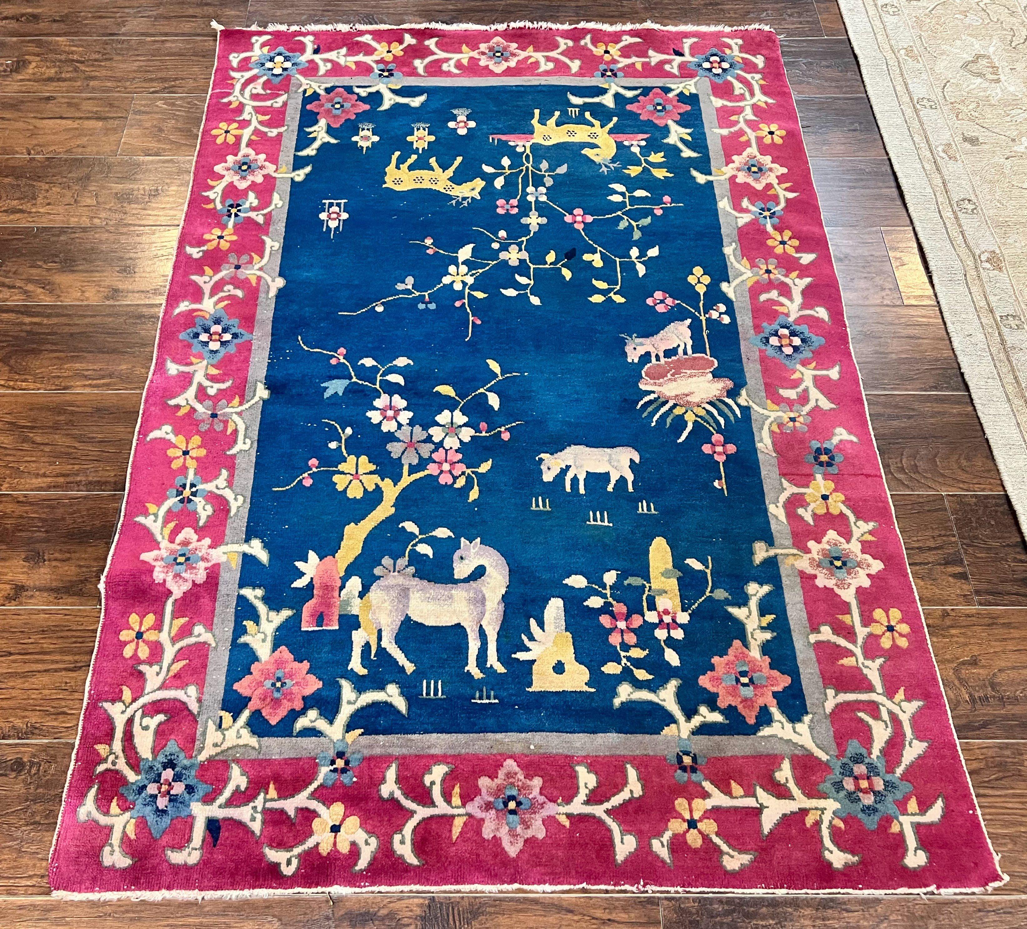 Antique Chinese Art Deco Rug, Animal Pictorials, Navy Blue and Magenta, Chinese Nichols Carpet, Wool - Jewel Rugs