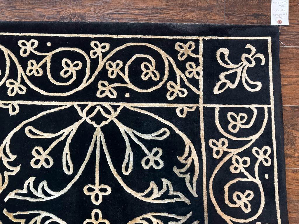 Tibetan Rug 8x10, Wool and Silk, Raised Pattern, Black and Gold, Floral - Jewel Rugs