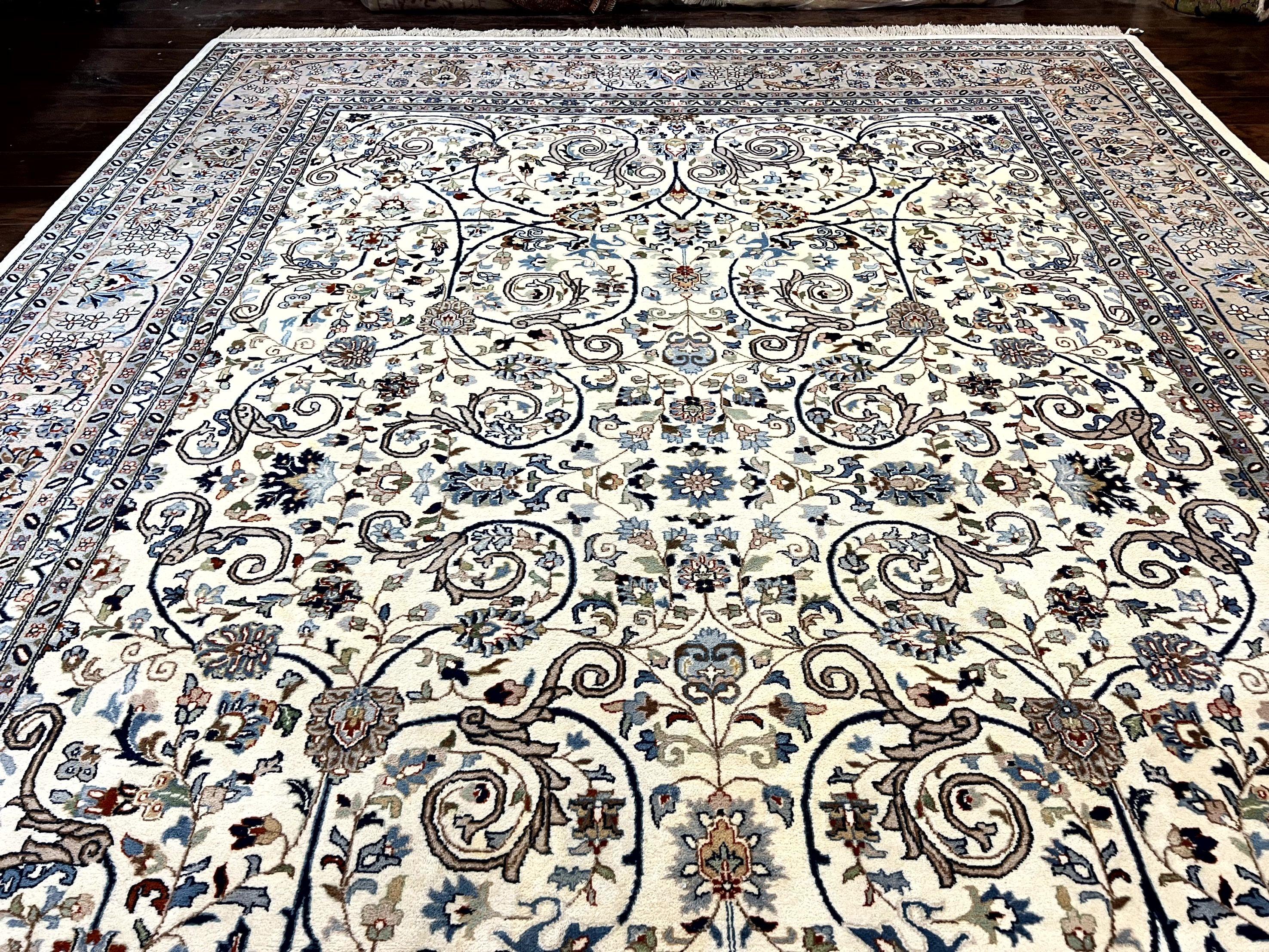 Indo Persian Rug 10x14, Floral Allover Pattern, Handmade Vintage Wool Carpet, Ivory/Cream - Jewel Rugs