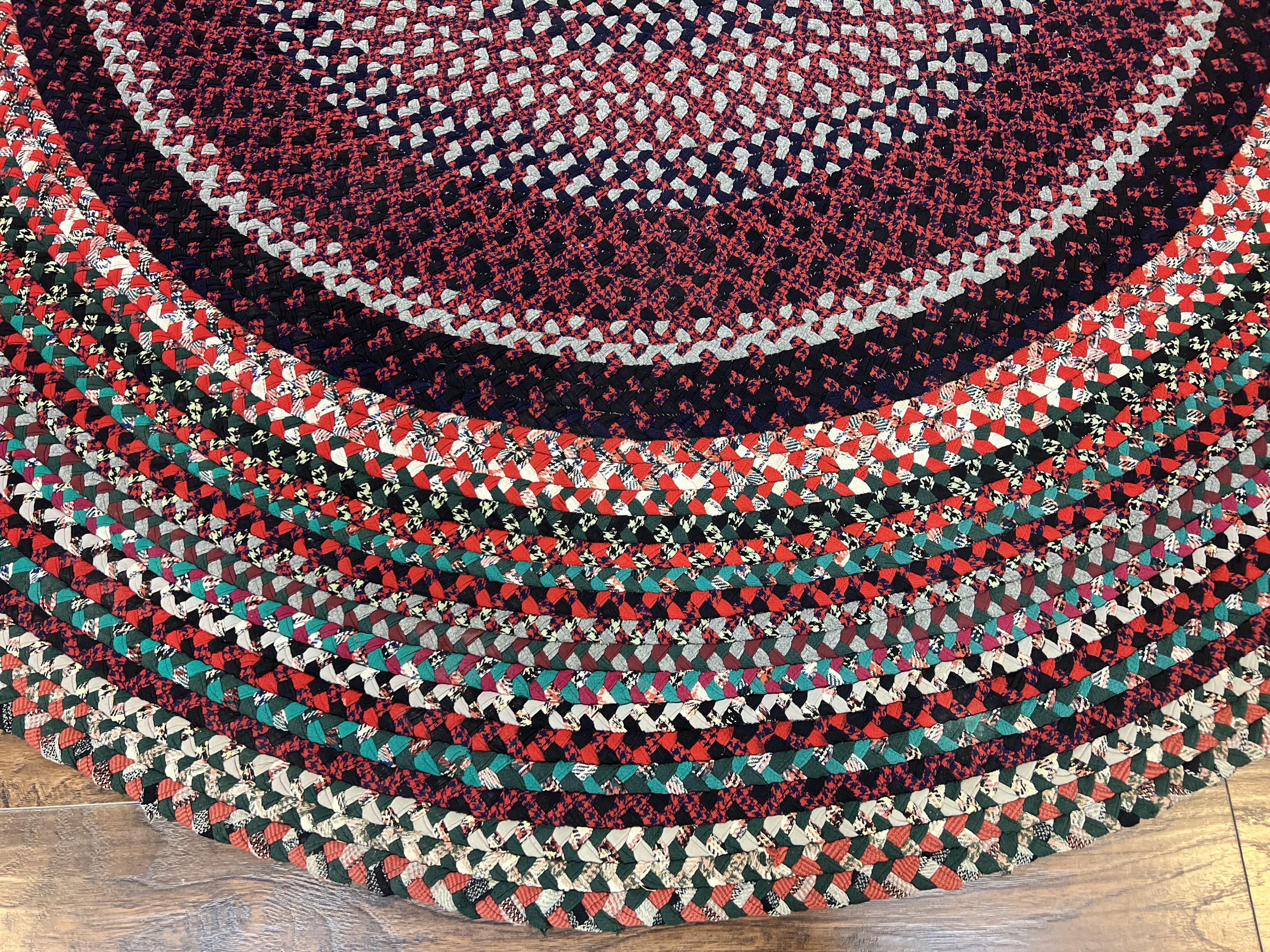 Large American Braided Rug 8x10, Multicolor Reds, Hand Braided Oval Carpet, Vintage - Jewel Rugs