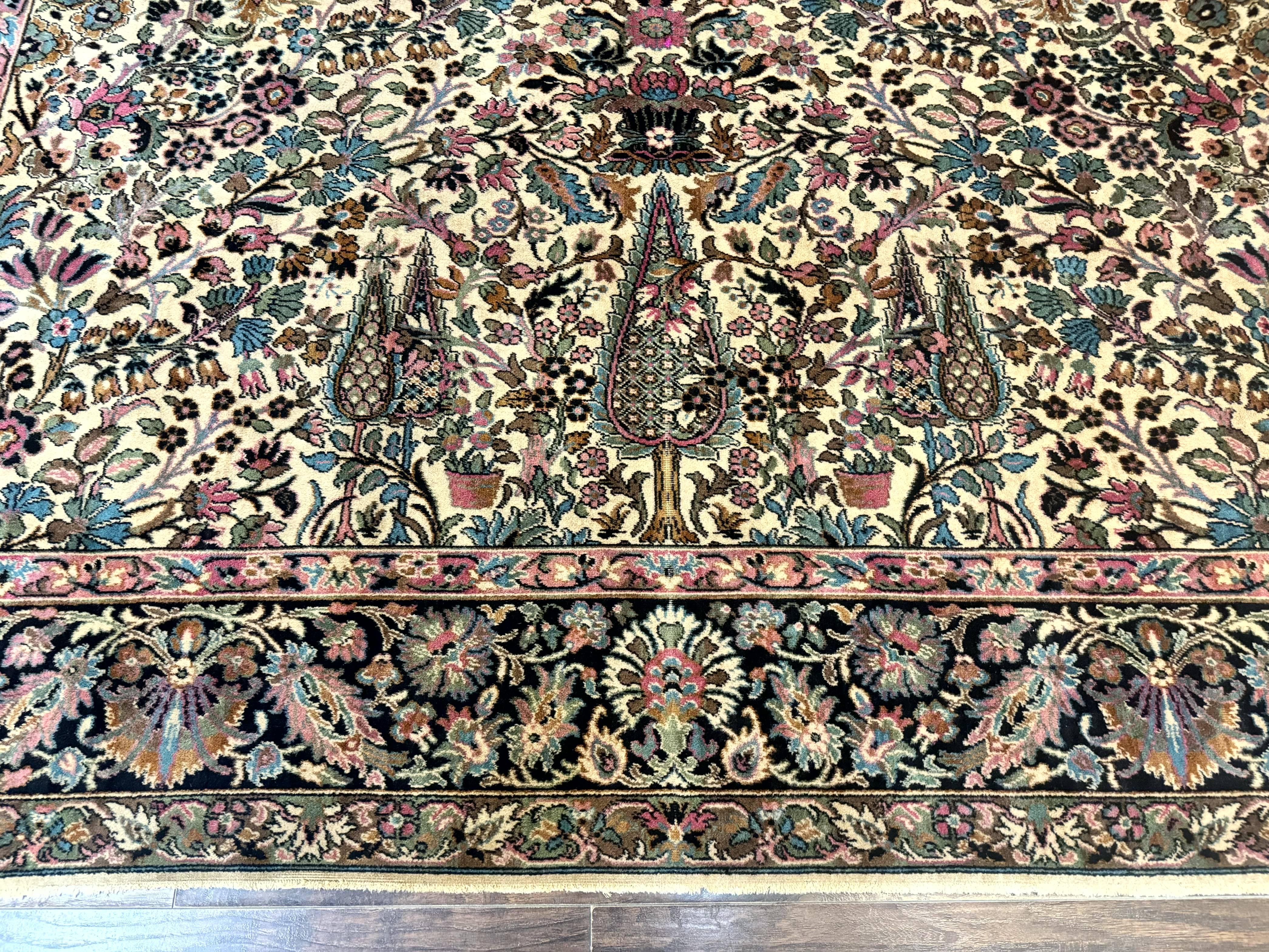 Persian Rug 9x12, Vintage Belgium Power Loomed Rug, Kirman Design, Cream and Navy Blue, Floral Allover Pattern, Wool, Cedar Trees, Gulistan - Jewel Rugs