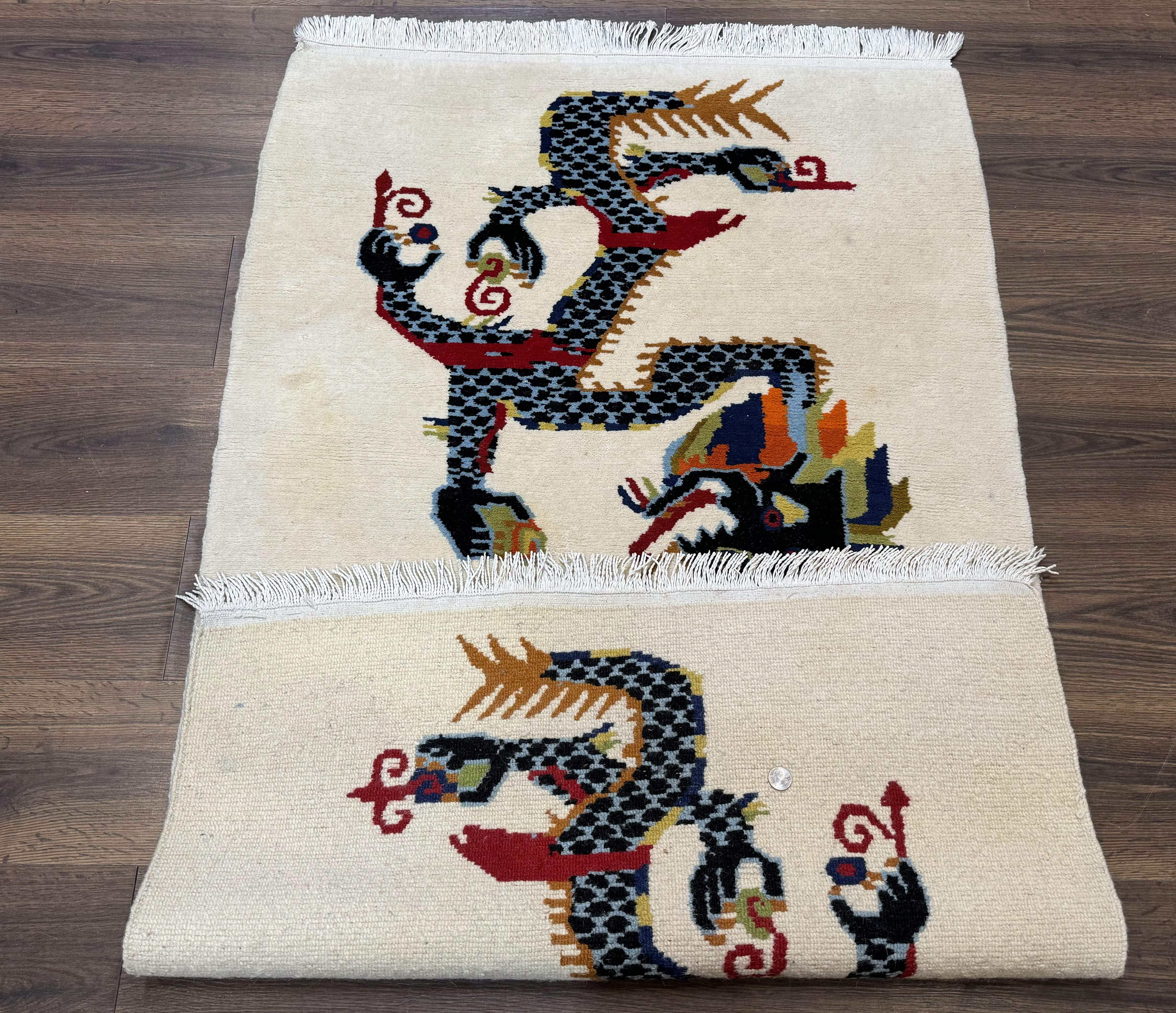 Chinese Double Dragon Rug 3x5 – Ivory, Hand-Knotted Wool Vintage - Jewel Rugs