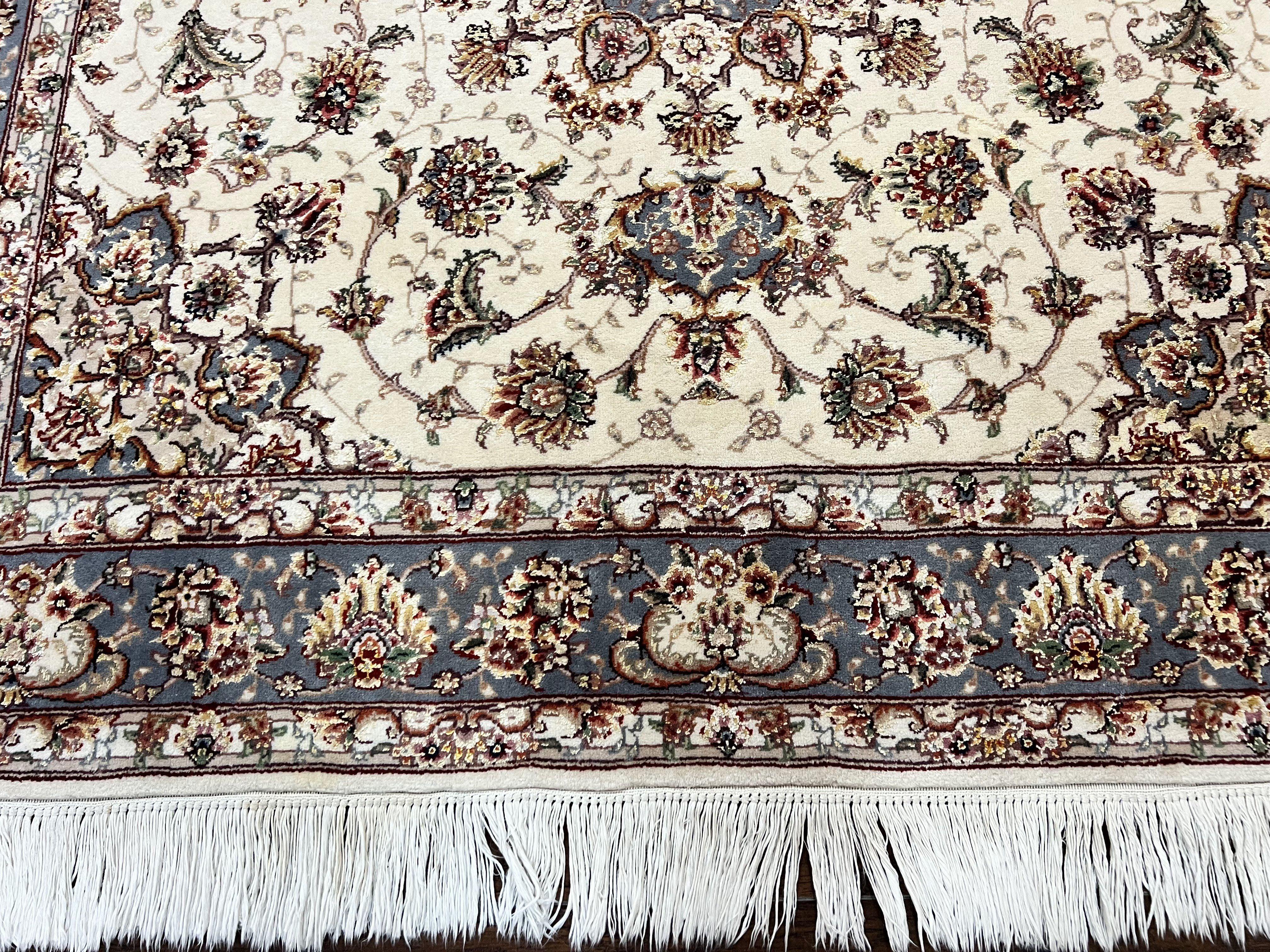 Sino Persian Square Rug 5x5, Very Fine Oriental Carpet, Wool & Silk Highlights, Ivory, Hand Knotted Handmade Vintage Traditional Rug - Jewel Rugs