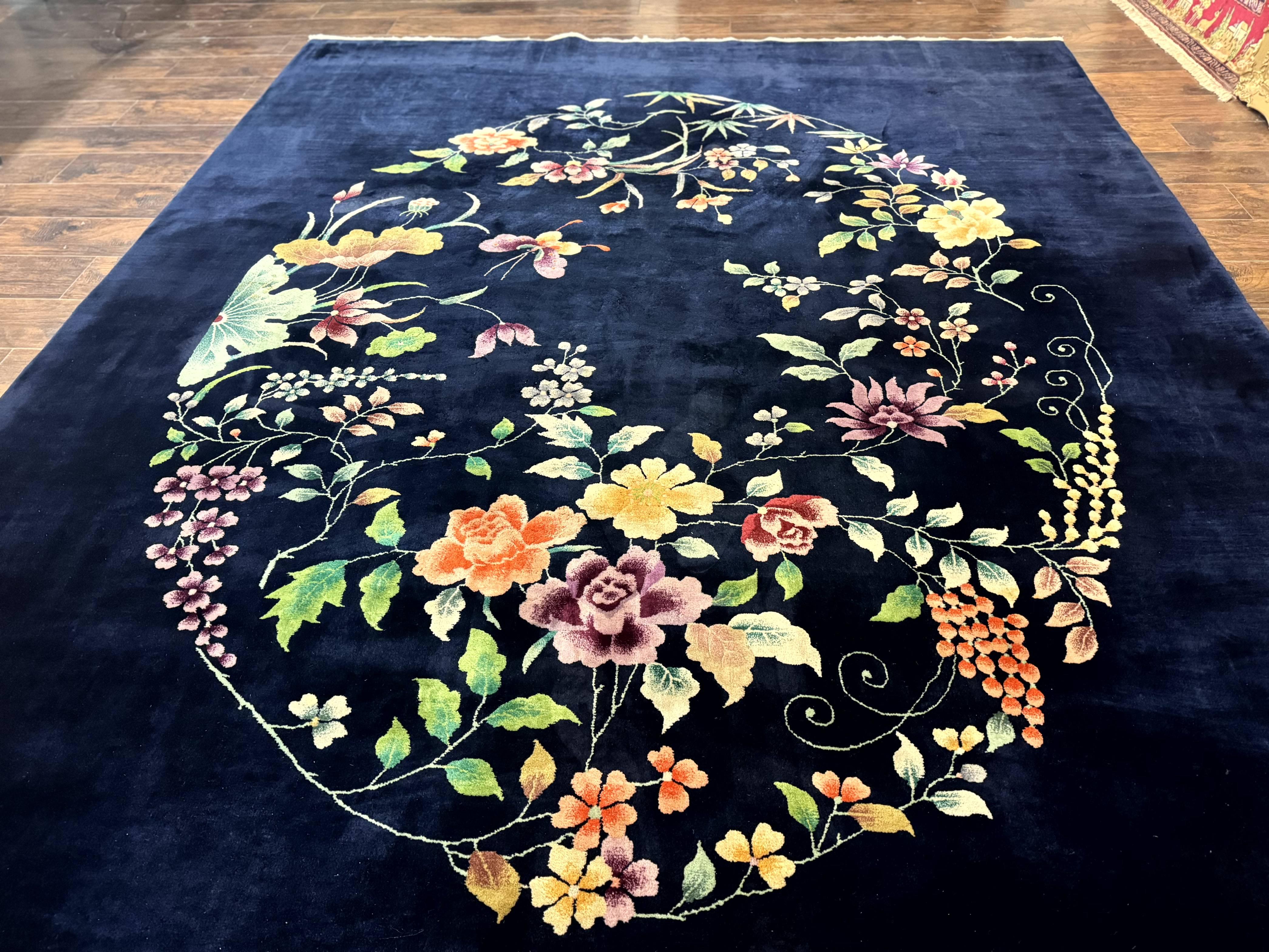 Chinese Art Deco Rug 10 x 11.5, Navy Blue Vintage Nichols Floral Wool Carpet - Jewel Rugs