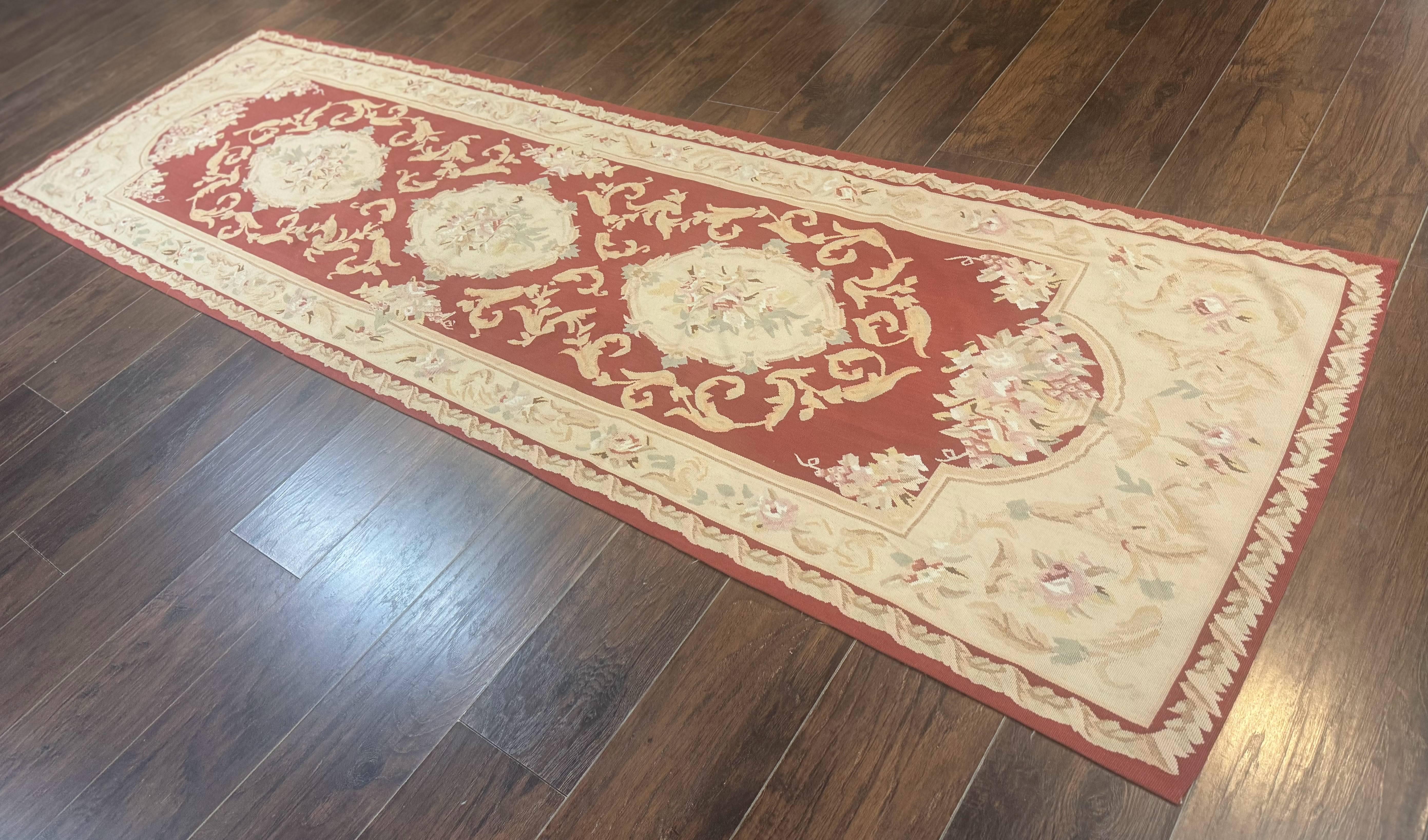 Aubusson Runner Rug 3x10, European Design, Red and Beige, Elegant, Handmade Wool Rug - Jewel Rugs