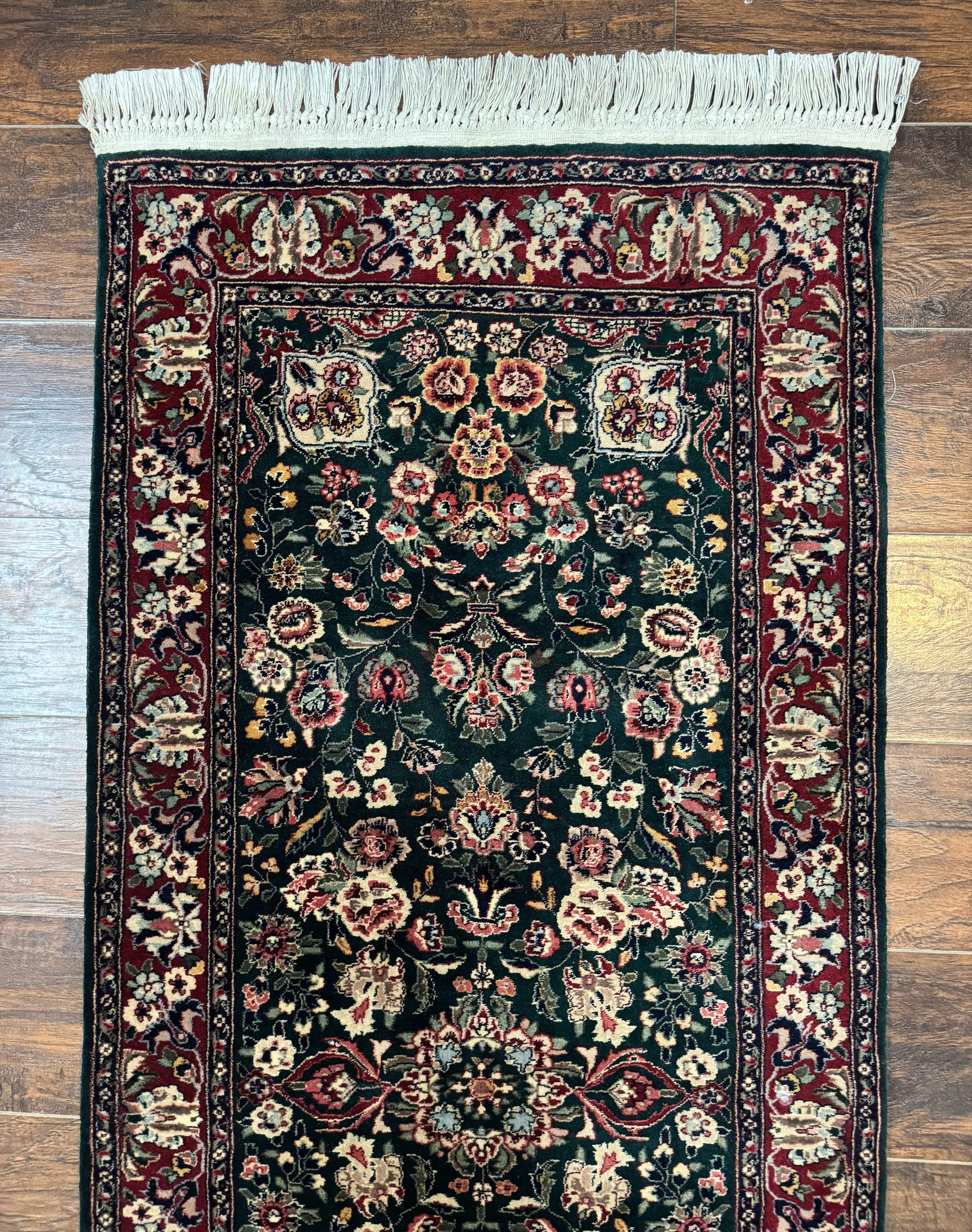 Pak Persian Runner Rug 3x12 – Dark Green and Wine Red, Hand-Knotted Wool, Vintage - Jewel Rugs
