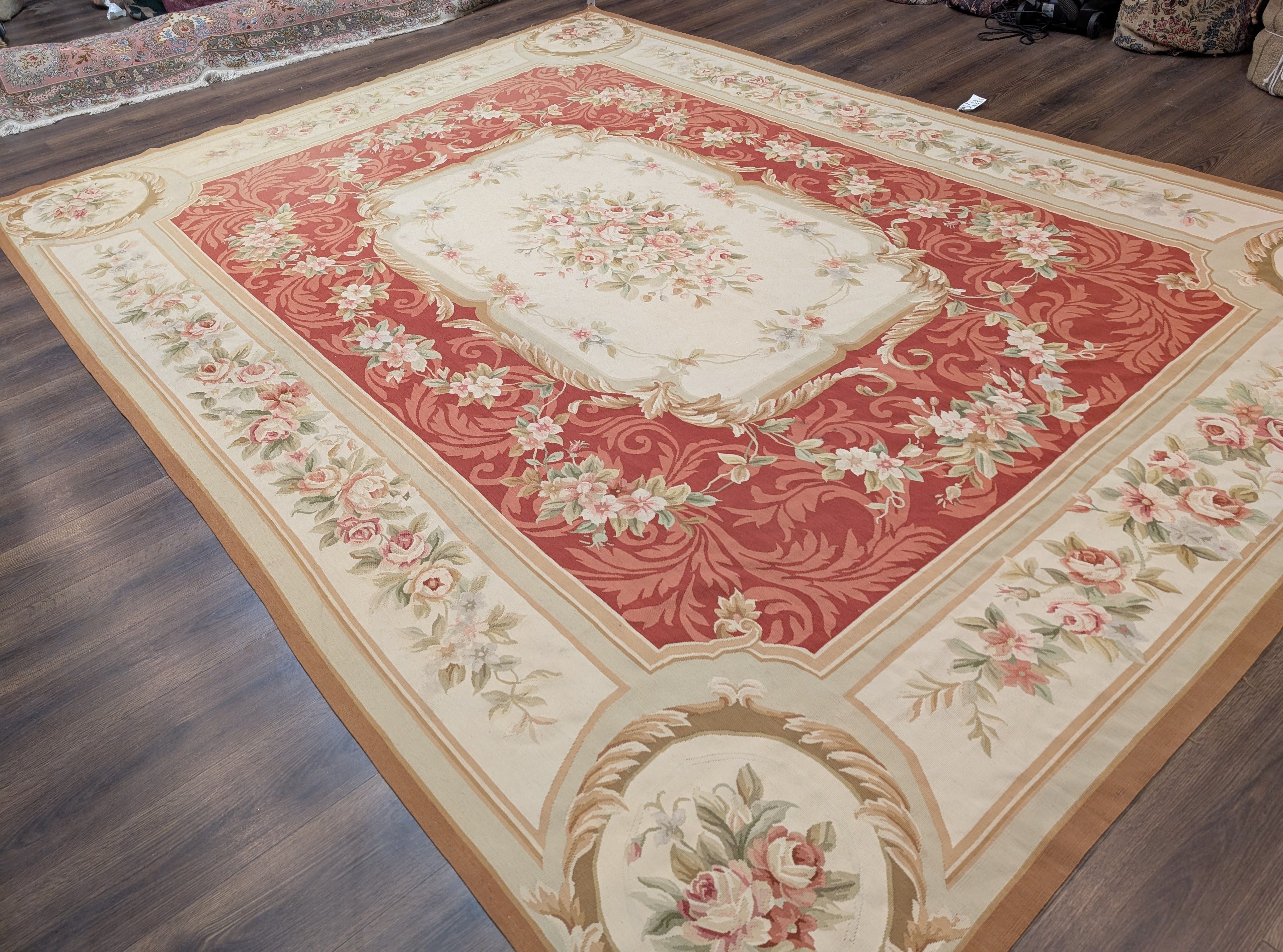 Aubusson Rug 9x12, Red and Ivory, Handwoven French European Floral Carpet - Jewel Rugs