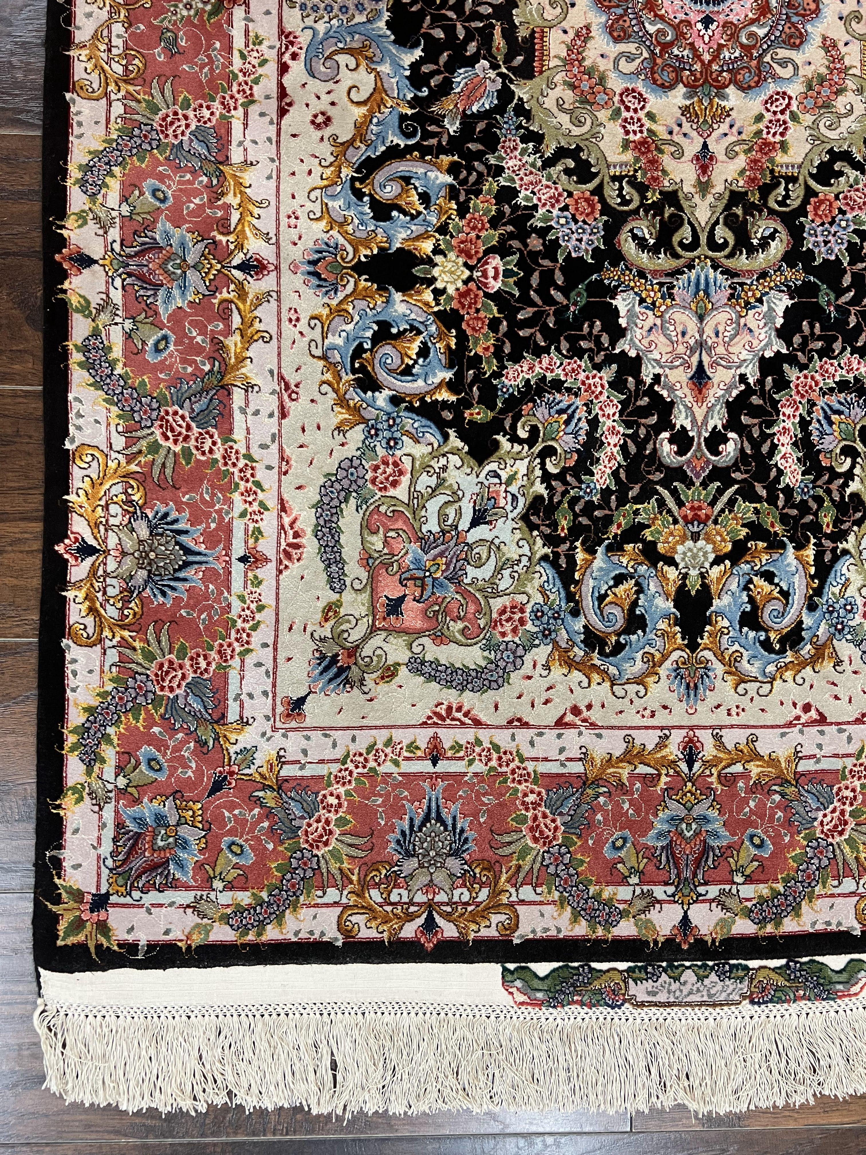 Stunning Persian Tabriz Rug 3.5 x 5, Super Fine, Kork Wool on Silk, Floral Medallion, 70 Raj, 650 KPSI, Signed Master Piece, Hand Knotted, Black - Jewel Rugs