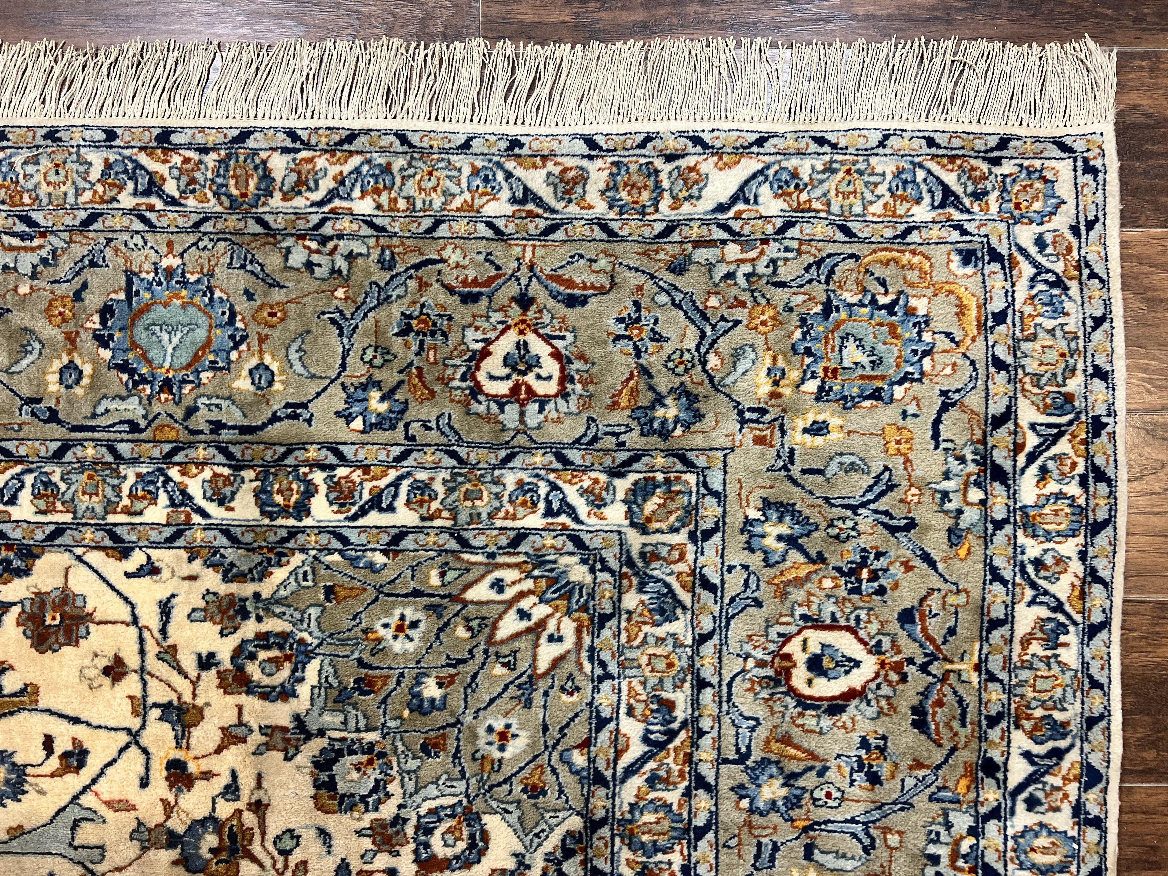Persian Kashan Rug 10x13, Floral Medallion, Cream, Hand Knotted Antique Persian Carpet, Large Wool Rug - Jewel Rugs
