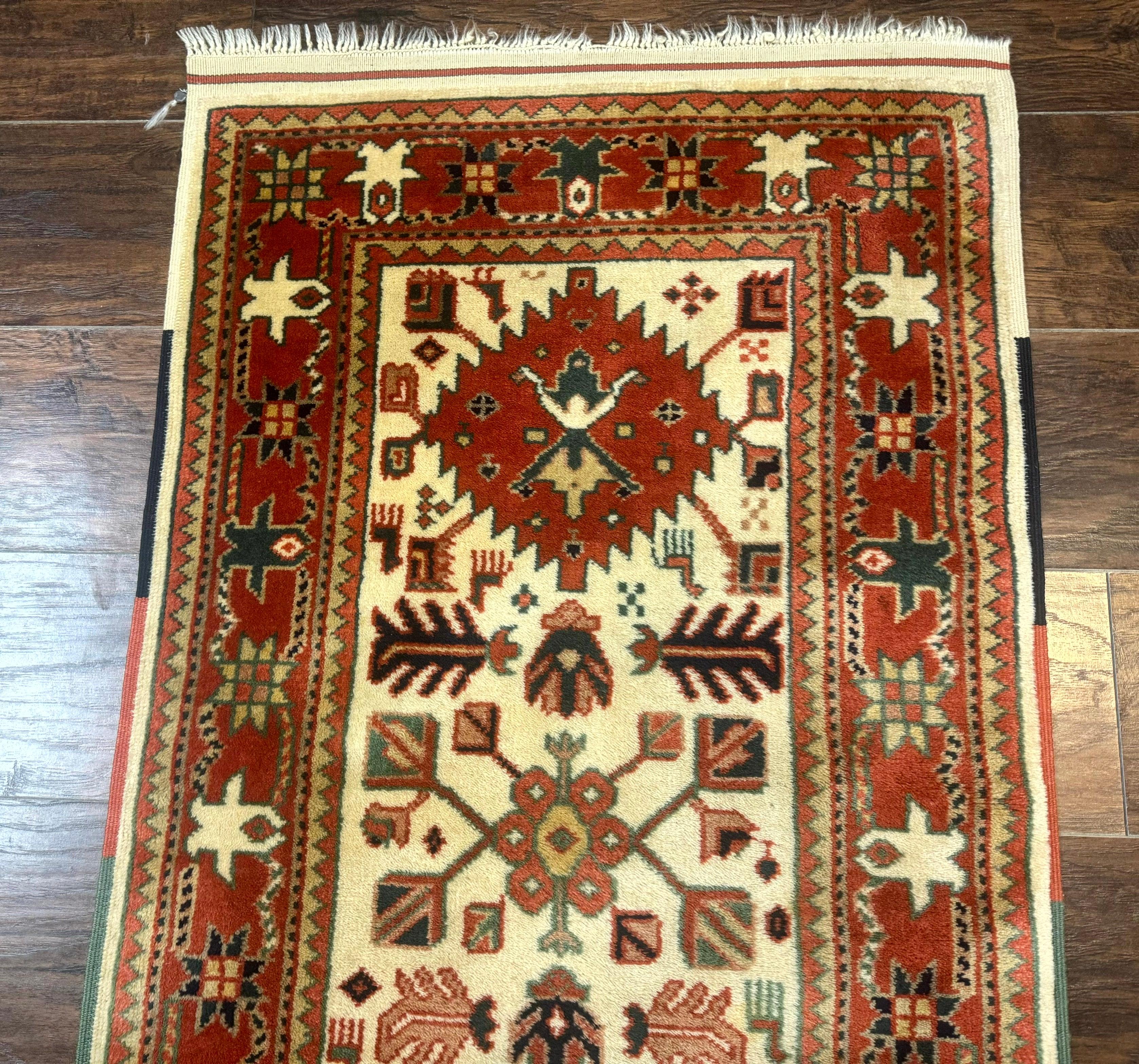 Turkish Runner Rug 2.4 x 8, Kazak Geometric Heriz Pattern, Beige Red - Jewel Rugs