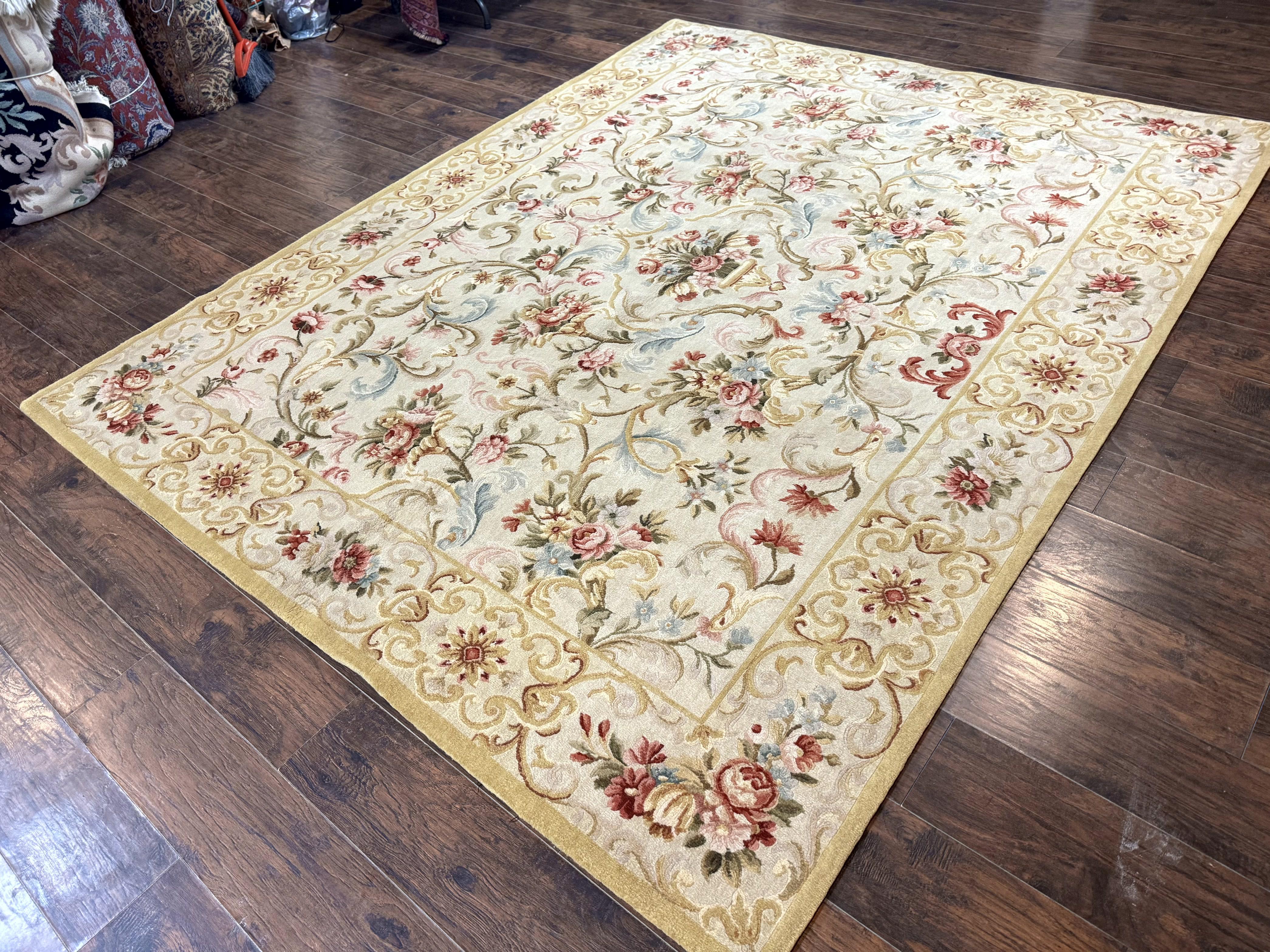 Aubusson Rug 8x10, French European Design, Vintage Handmade Wool Carpet, Aubusson Rug with Pile, Floral - Jewel Rugs