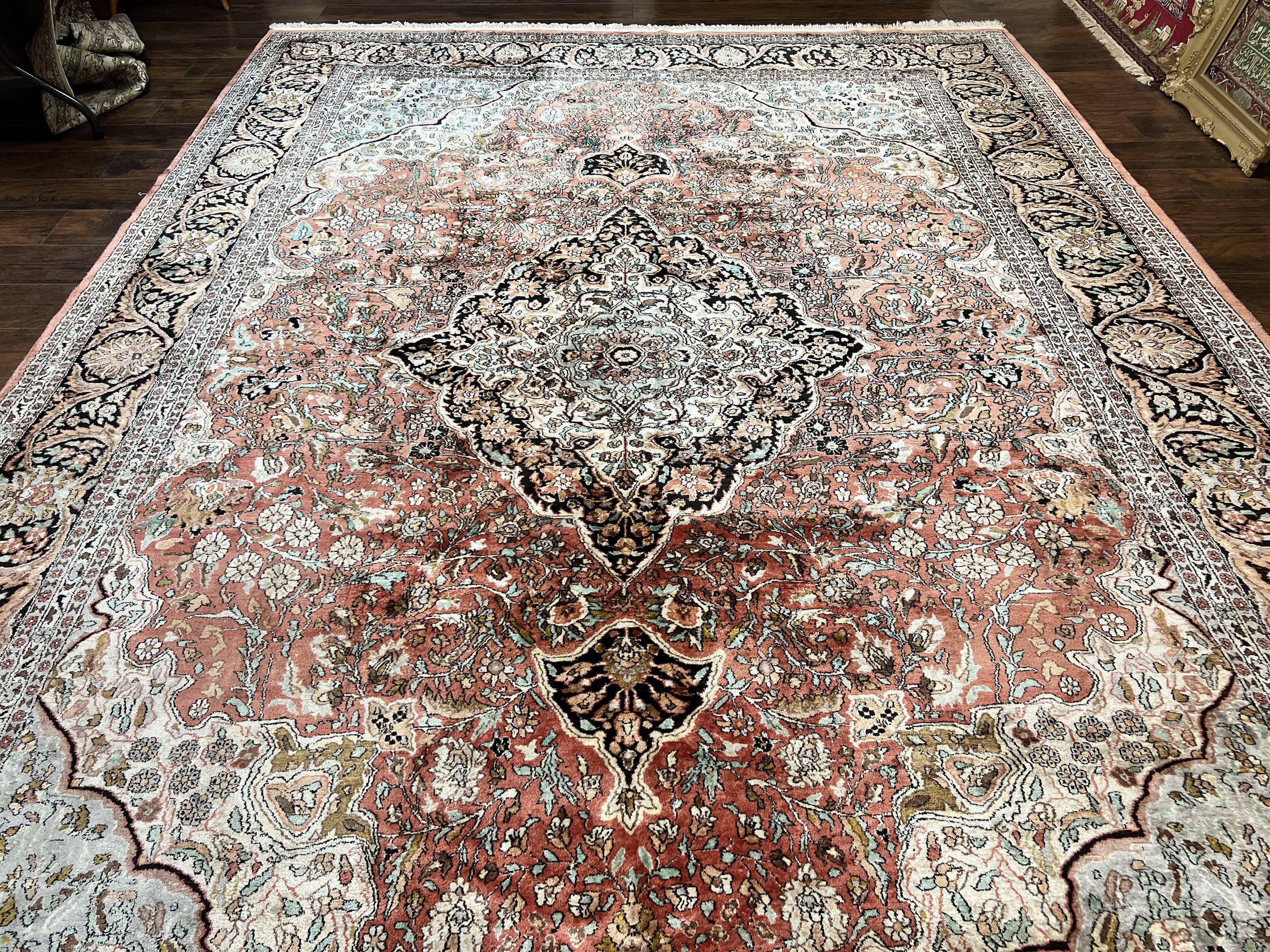 Silk Indian Kashmir Rug 10x14, Room Sized Silk Oriental Carpet, Indo Persian Kashmiri Rug, Traditional Floral Medallion Handmade Rug - Jewel Rugs