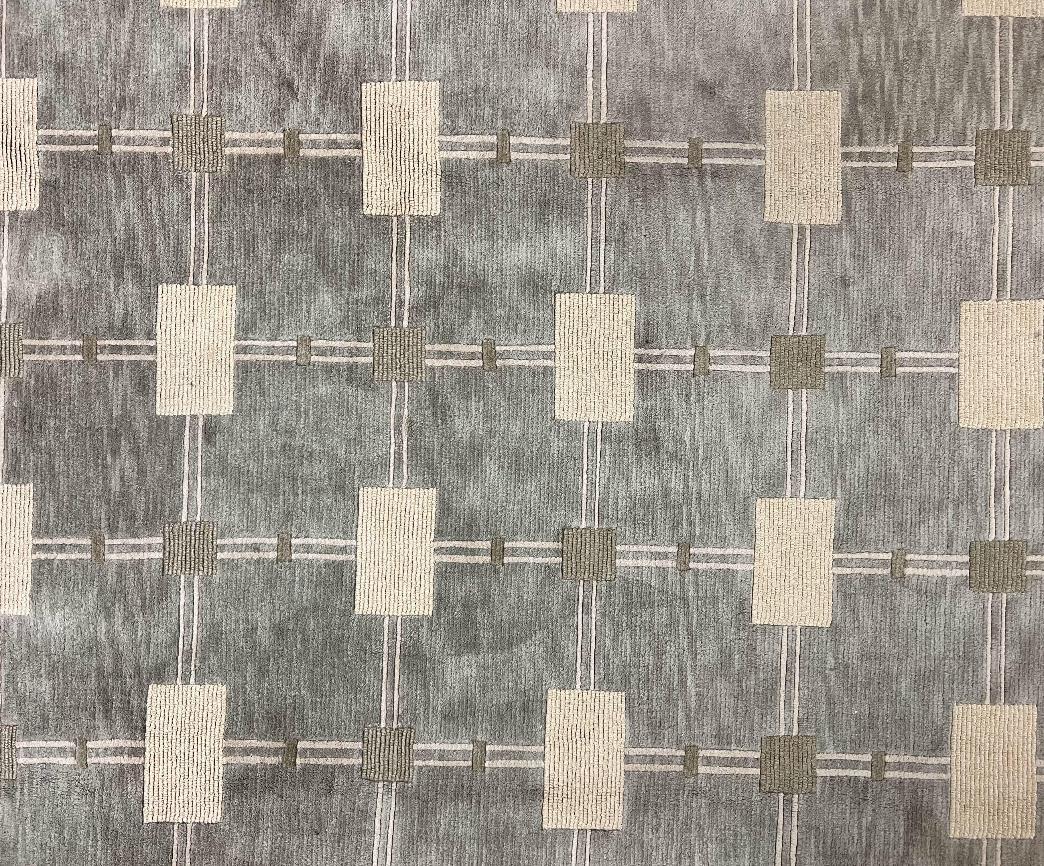 Modern Tibetan Rug 8x10, Abstract Handmade Wool & Silk Highlights Nepali Hand Knotted Carpet 8 x 10 ft, Room Sized Handmade Contemporary Rug - Jewel Rugs