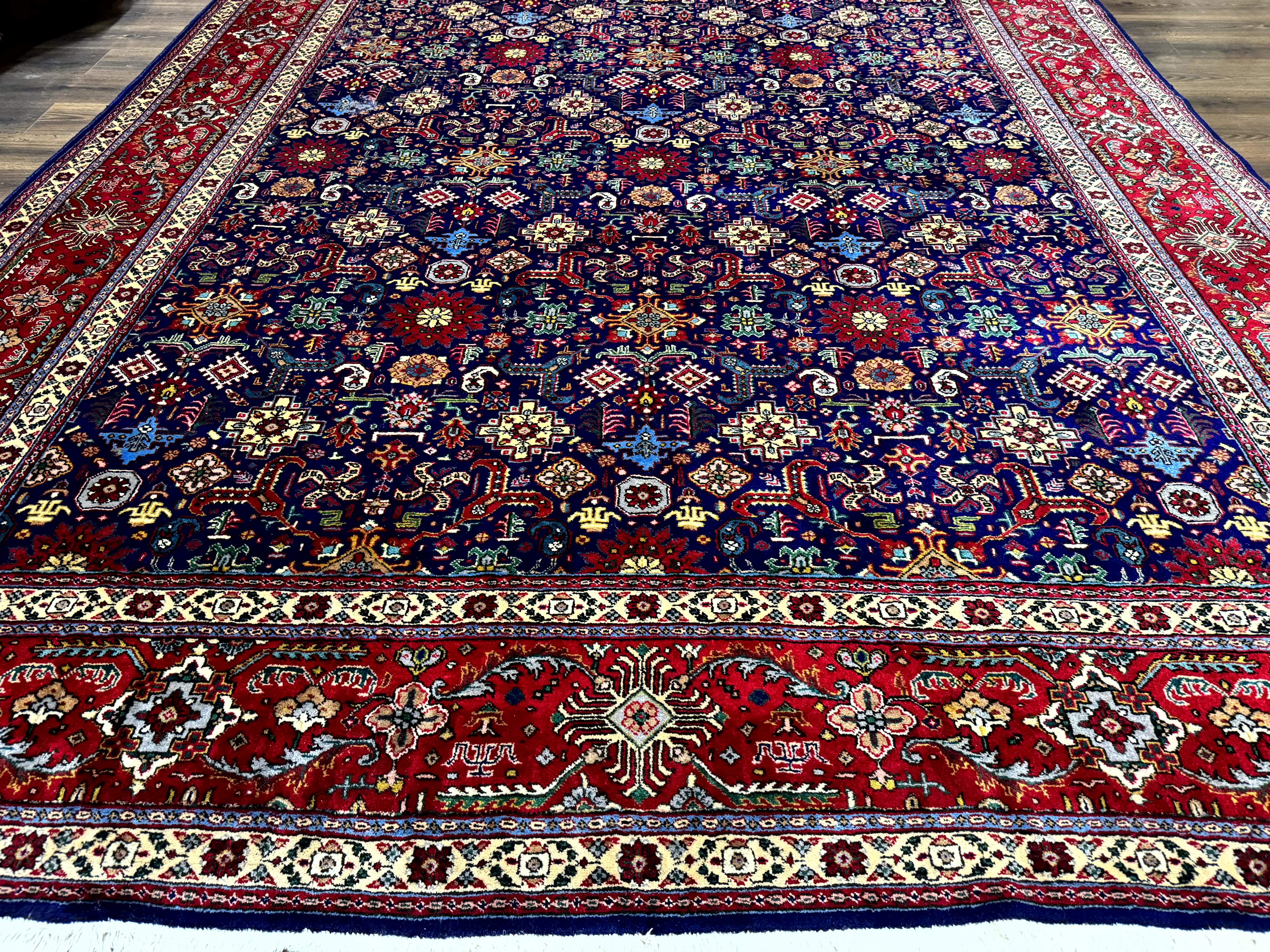 Large Persian Tabriz Rug 10x16, Navy Blue and Red, Allover Pattern, Vintage Hand Knotted Wool Carpet - Jewel Rugs