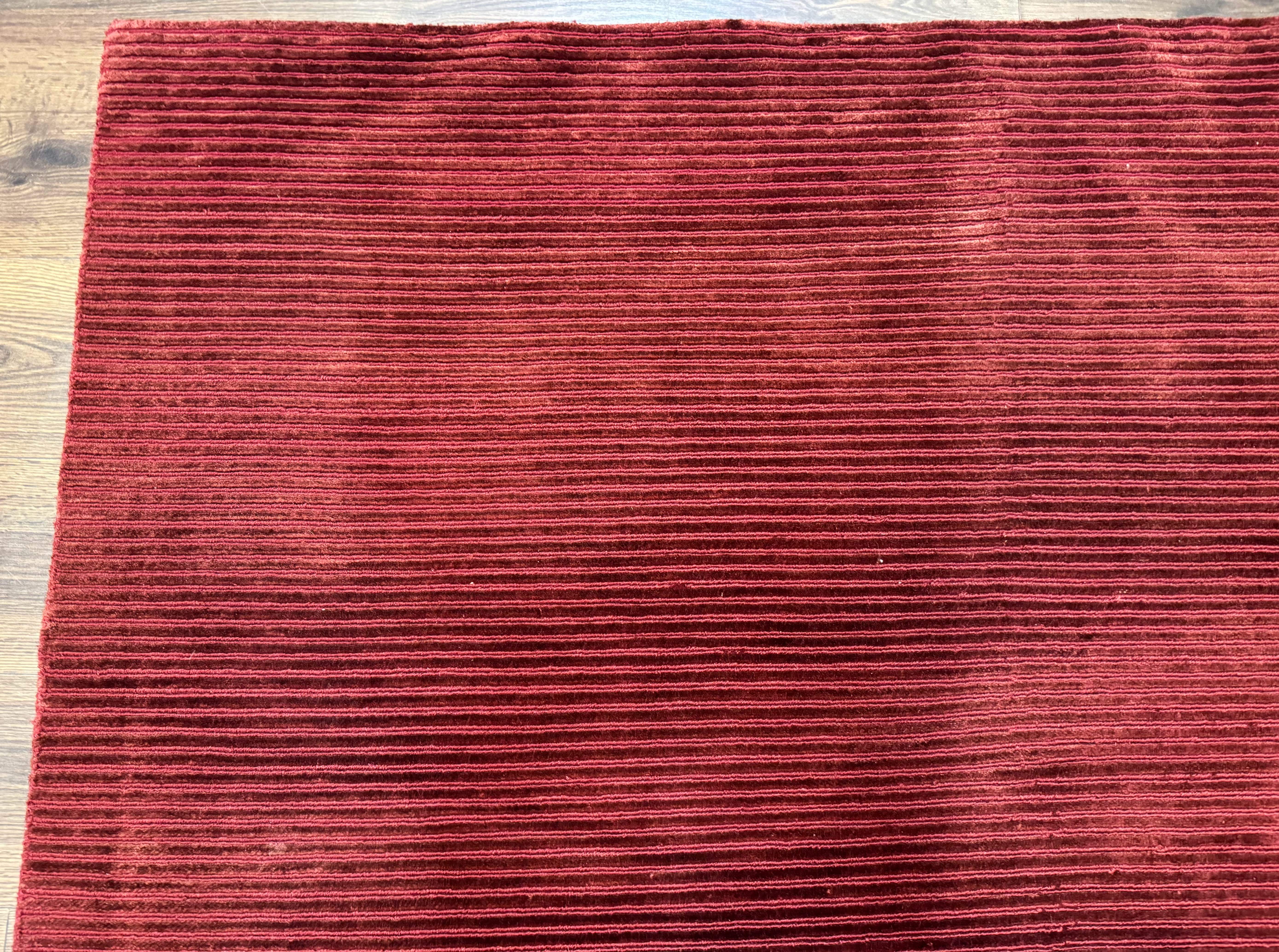 Modern Tibetan Rug 8x10, Red, Stripes, Handmade Wool Thick Pile Carpet - Jewel Rugs