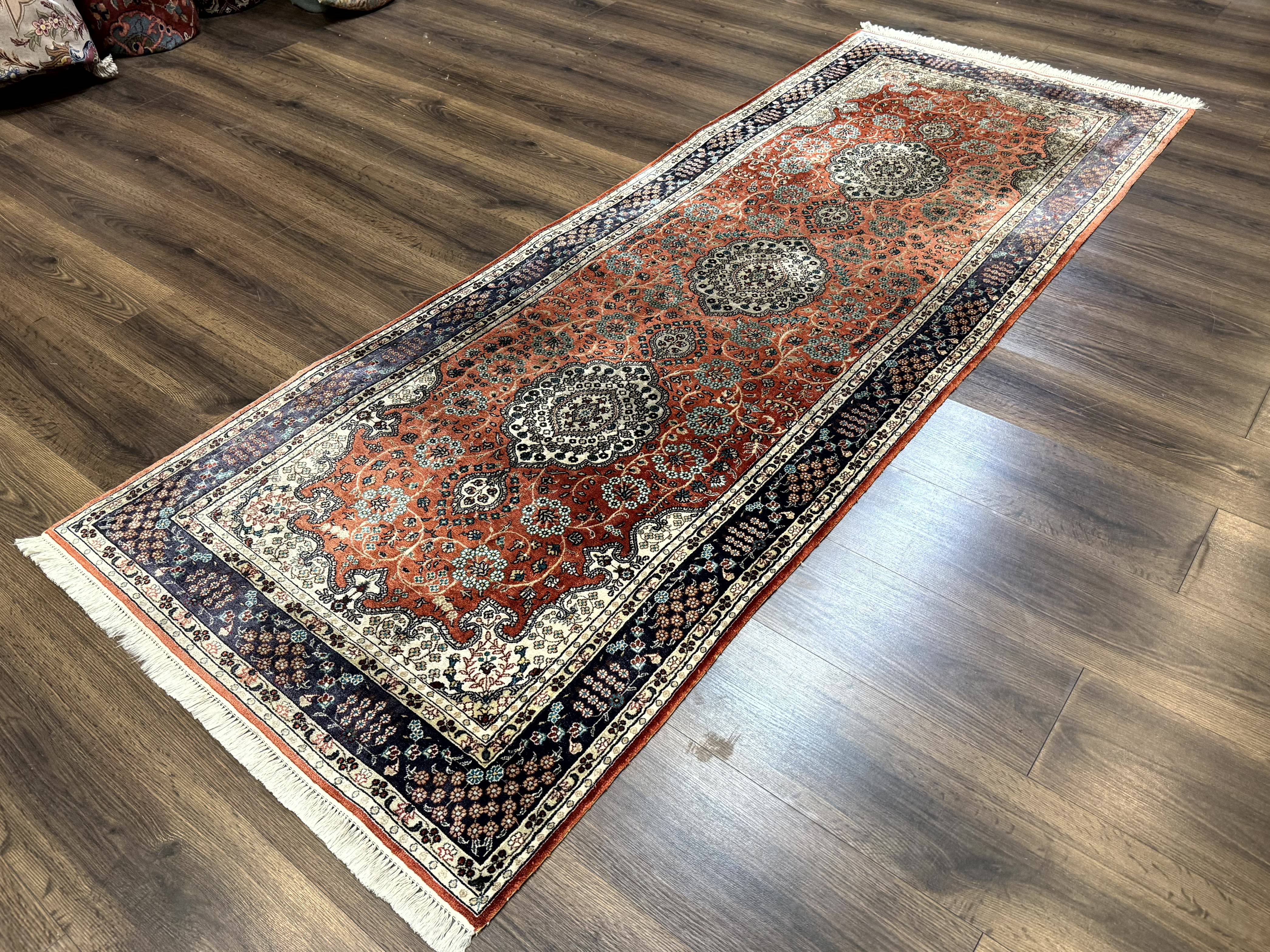 Turkish Silk Runner Rug 3x8, Short Runner Rug, Red, Floral Medallions, Very Fine 360 KPSI, 3 x 8 Runner - Jewel Rugs