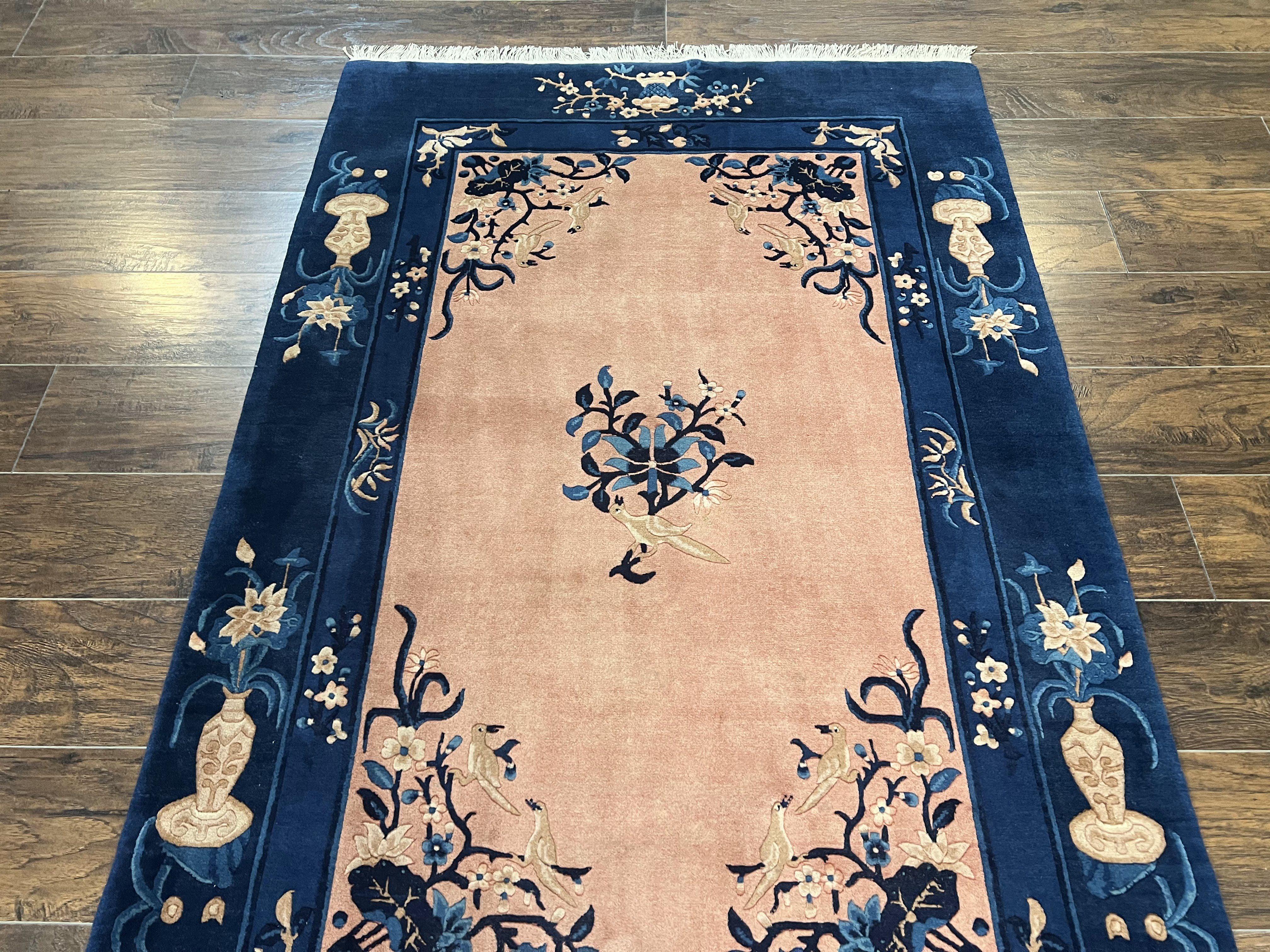 Antique Chinese Peking Rug 4x6, Vases & Bird Motifs, Navy Blue, Handmade Wool Asian Oriental Art Deco Carpet - Jewel Rugs