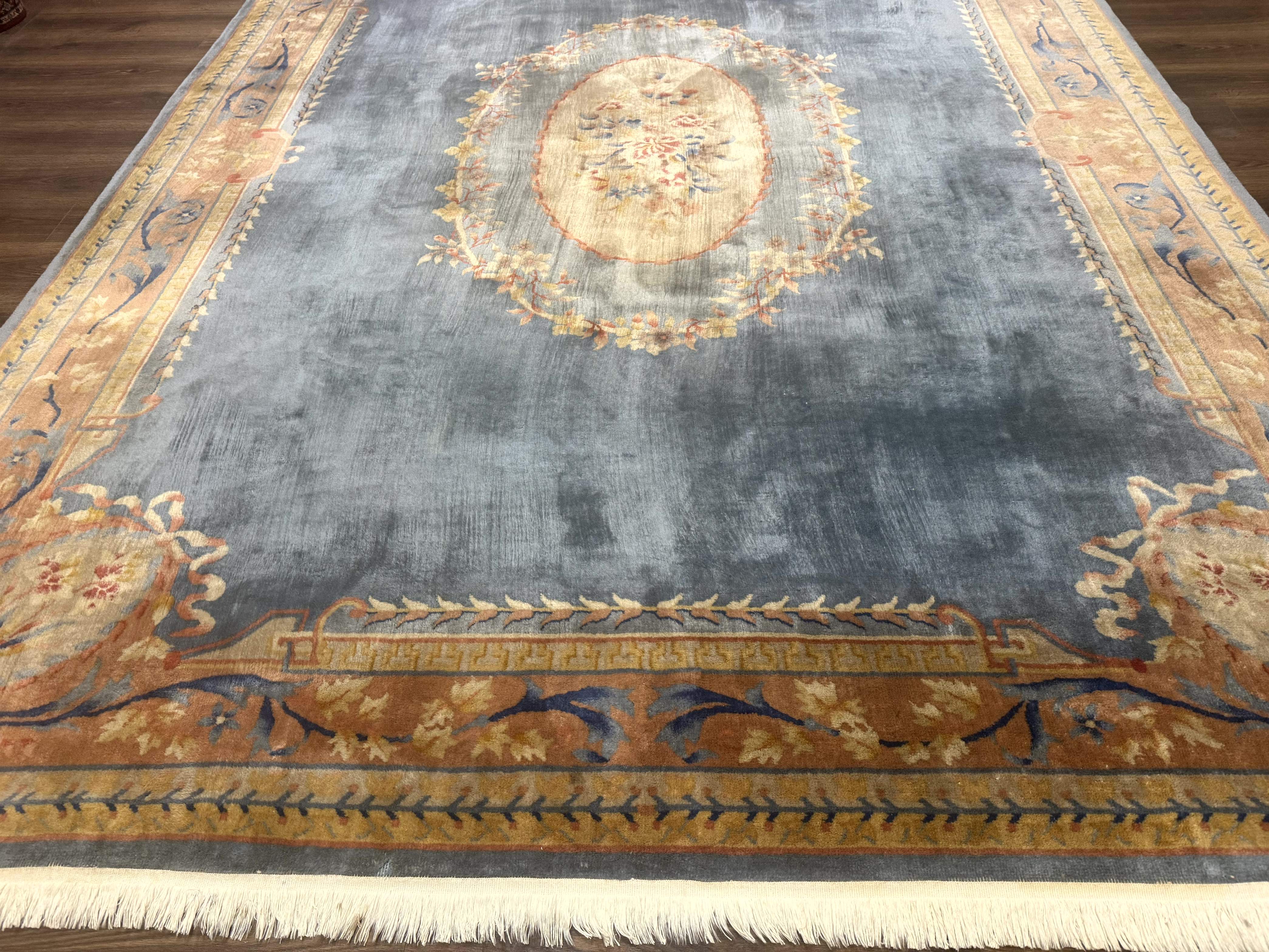 Chinese Aubusson Wool Rug 9x11, Light Blue and Salmon, Hand Knotted, Soft Pile - Jewel Rugs