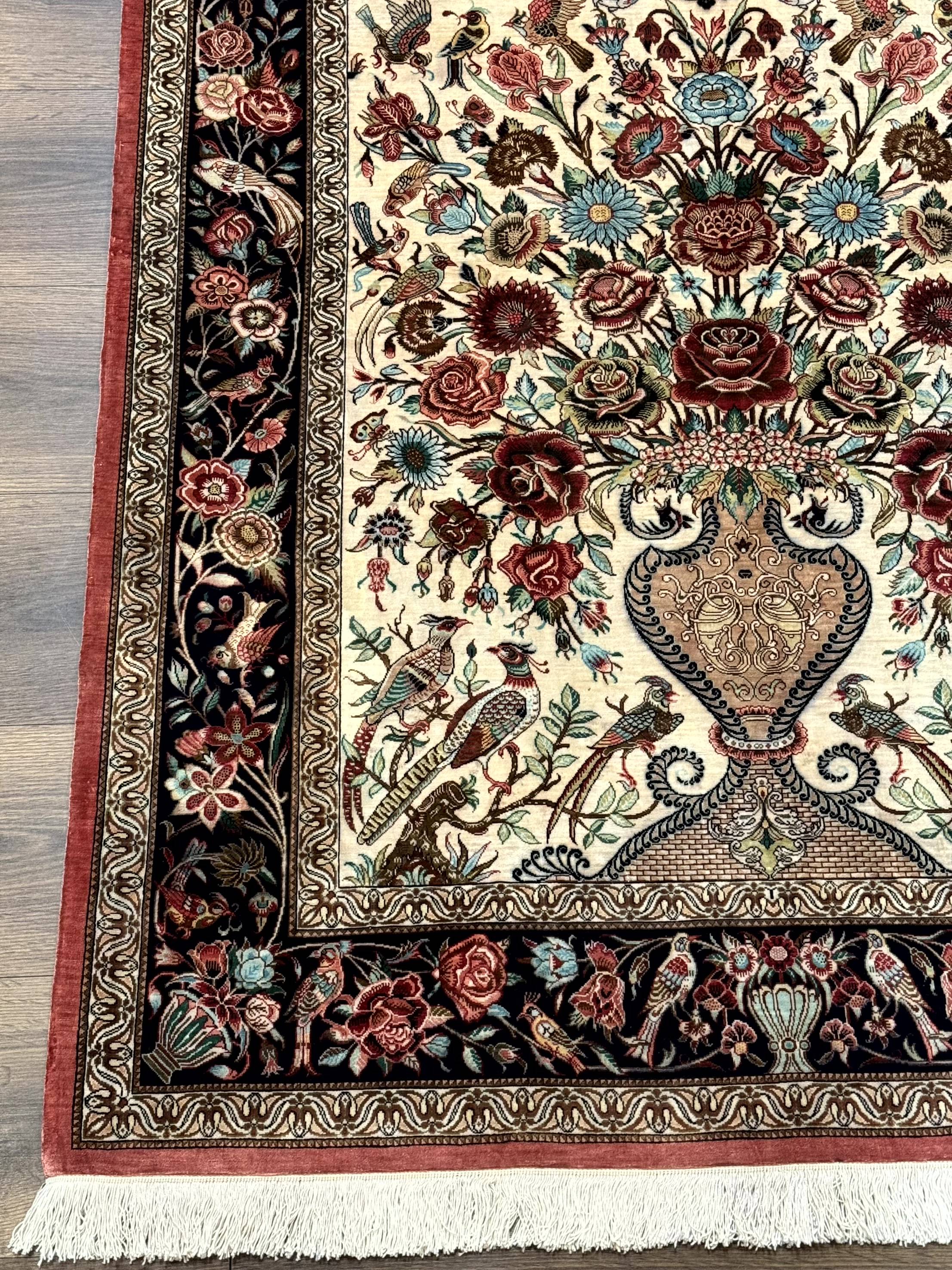 Marvelous Persian Qum Silk Rug 3x5, Exceptionally Fine 650 KPSI, Persian Vase & Birds, Signed Mir Mehdi, Rare - Jewel Rugs