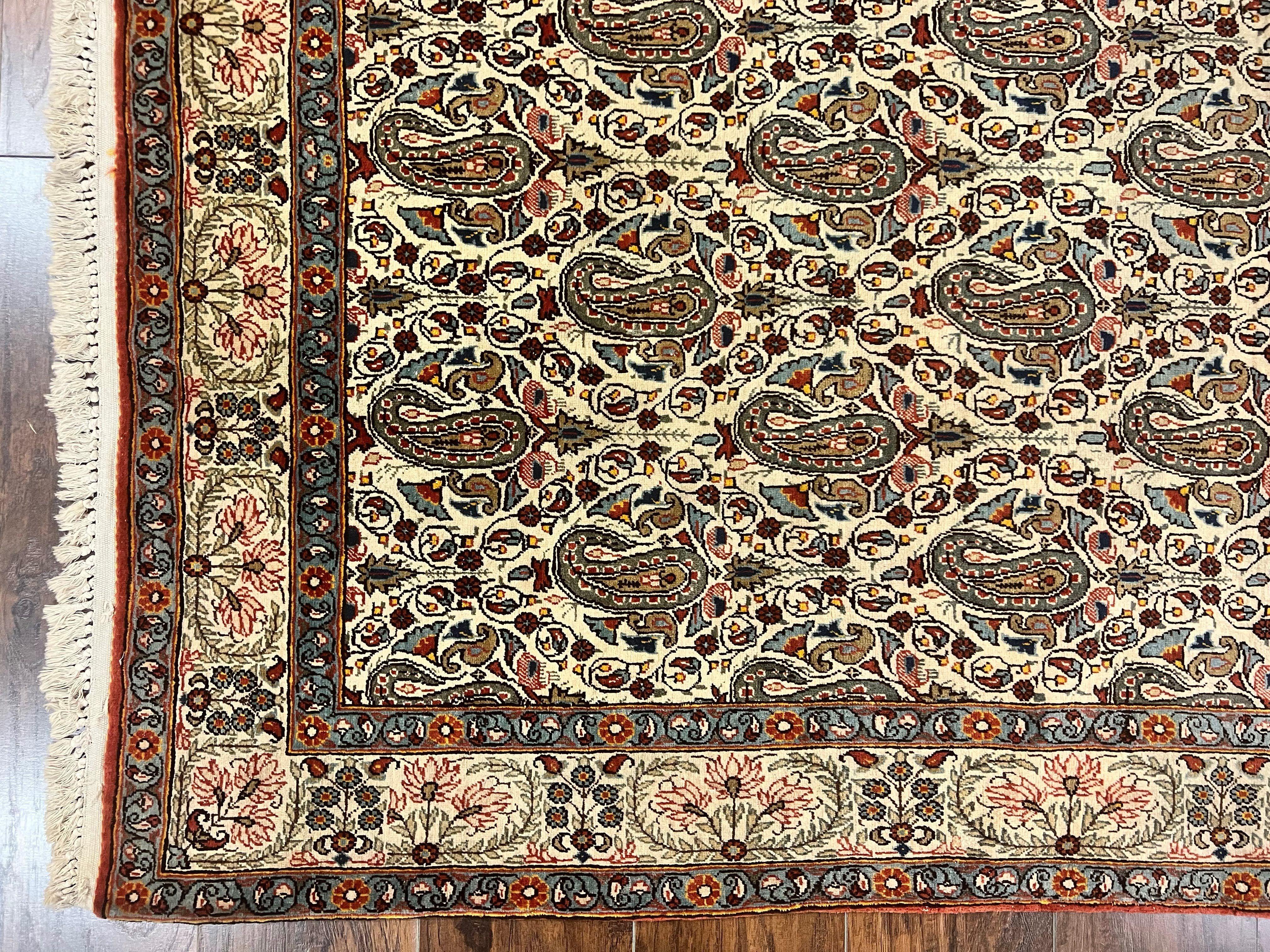 Persian Qum Rug 5x6, Cream Wool Hand Knotted Carpet, Repeated Boteh Paisely Design, Semi Antique Vintage Rug, Very Fine Weave 5 x 6 Rug - Jewel Rugs