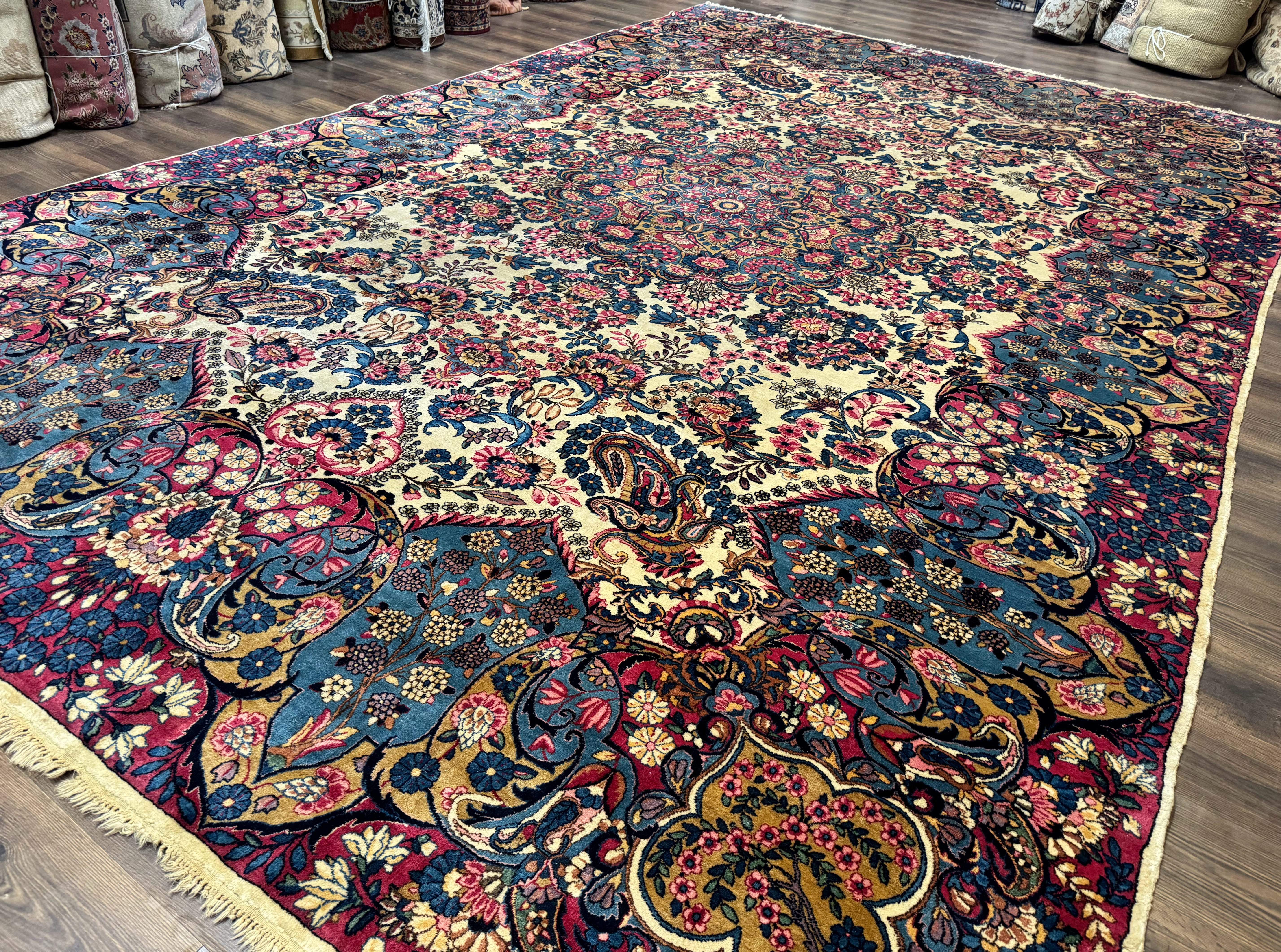 Wonderful Persian Kerman Rug 11x16, Rare Antique Palace Size Persian Carpet, Cream Blue Red, Colorful - Jewel Rugs