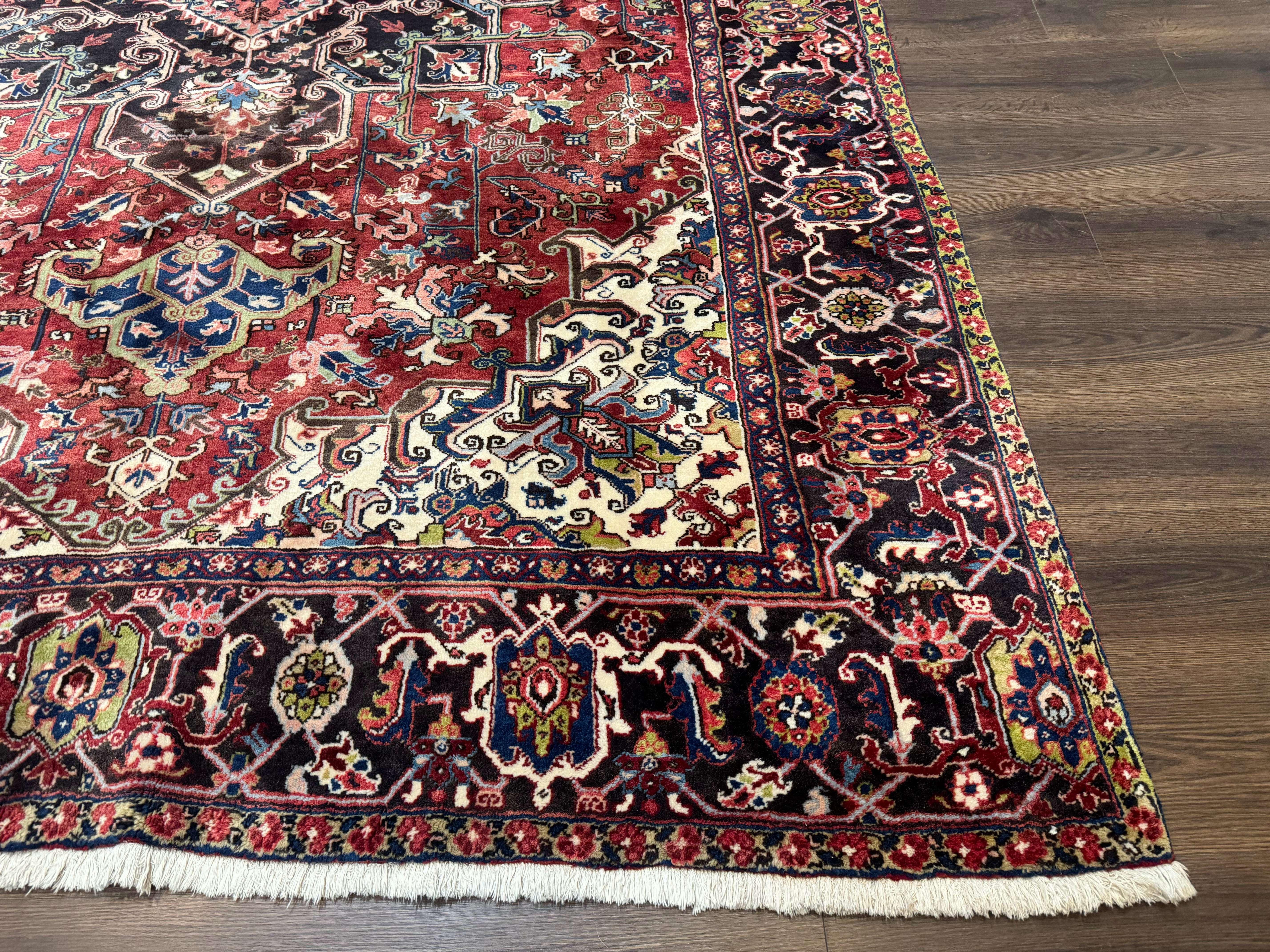 Antique Persian Heriz Rug 8x11, Geometric Tribal Wool Carpet, Brick Red - Jewel Rugs