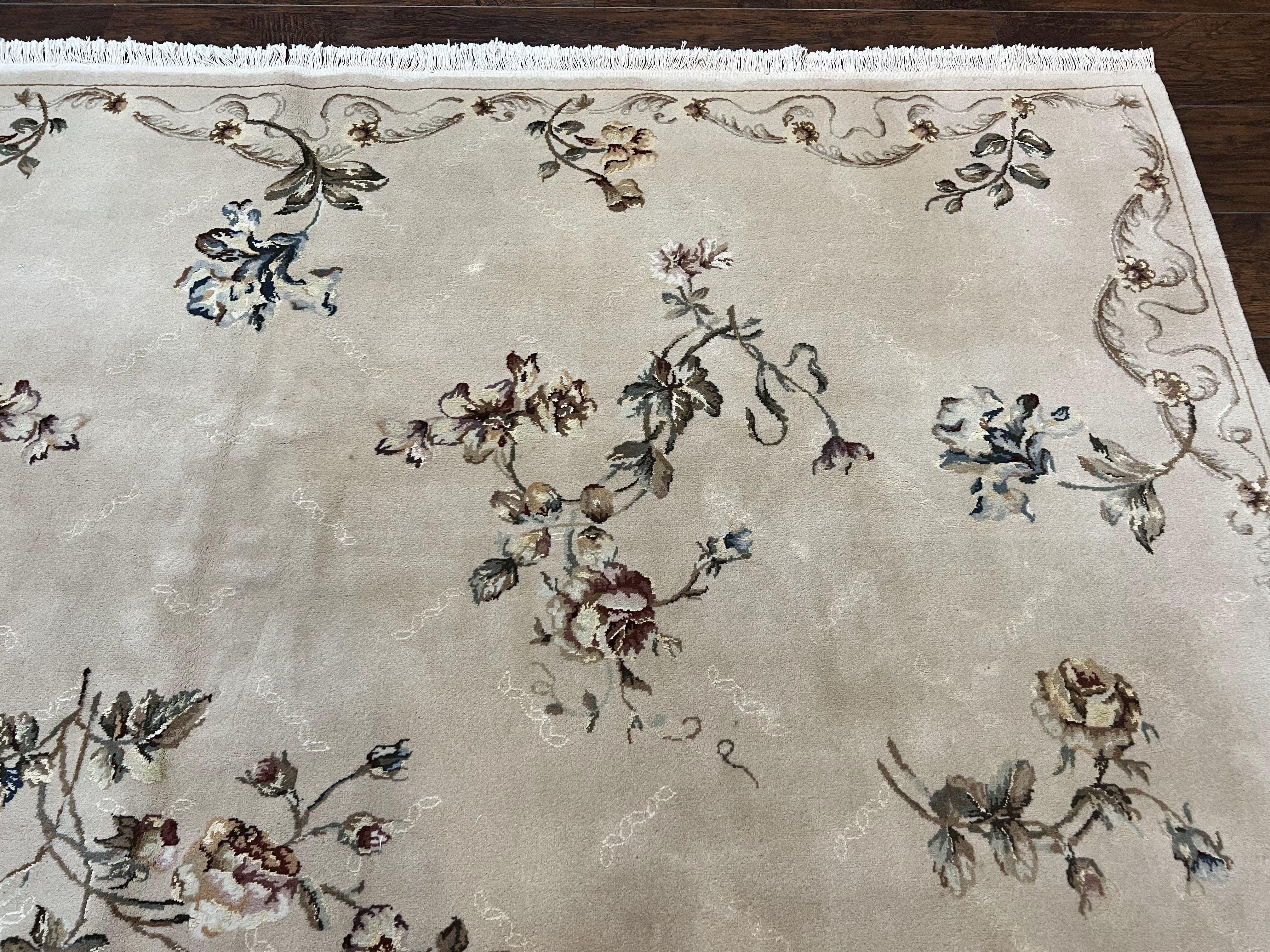 Chinese 120 Line Rug 8x10, Chinese Aubusson Wool & Silk Highlights Handmade Vintage Carpet, Beige Fine Weave Rug, Floral European Design - Jewel Rugs