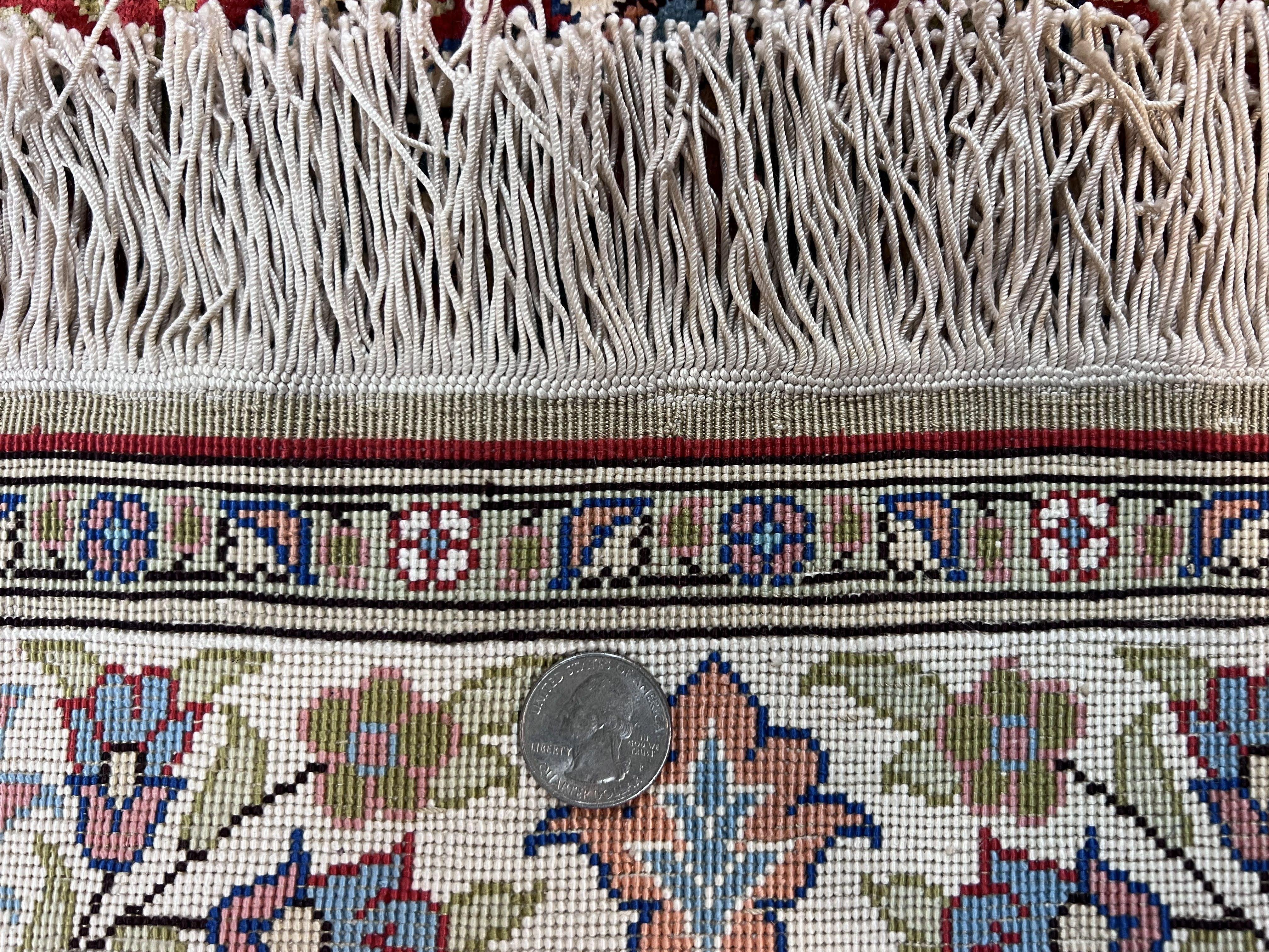 Silk Turkish Kayseri Rug 2x3, Small All Silk Turkish Carpet, Red and Light Blue, Very Fine Hand Knotted Semi Antique Vintage Handmade Rug - Jewel Rugs