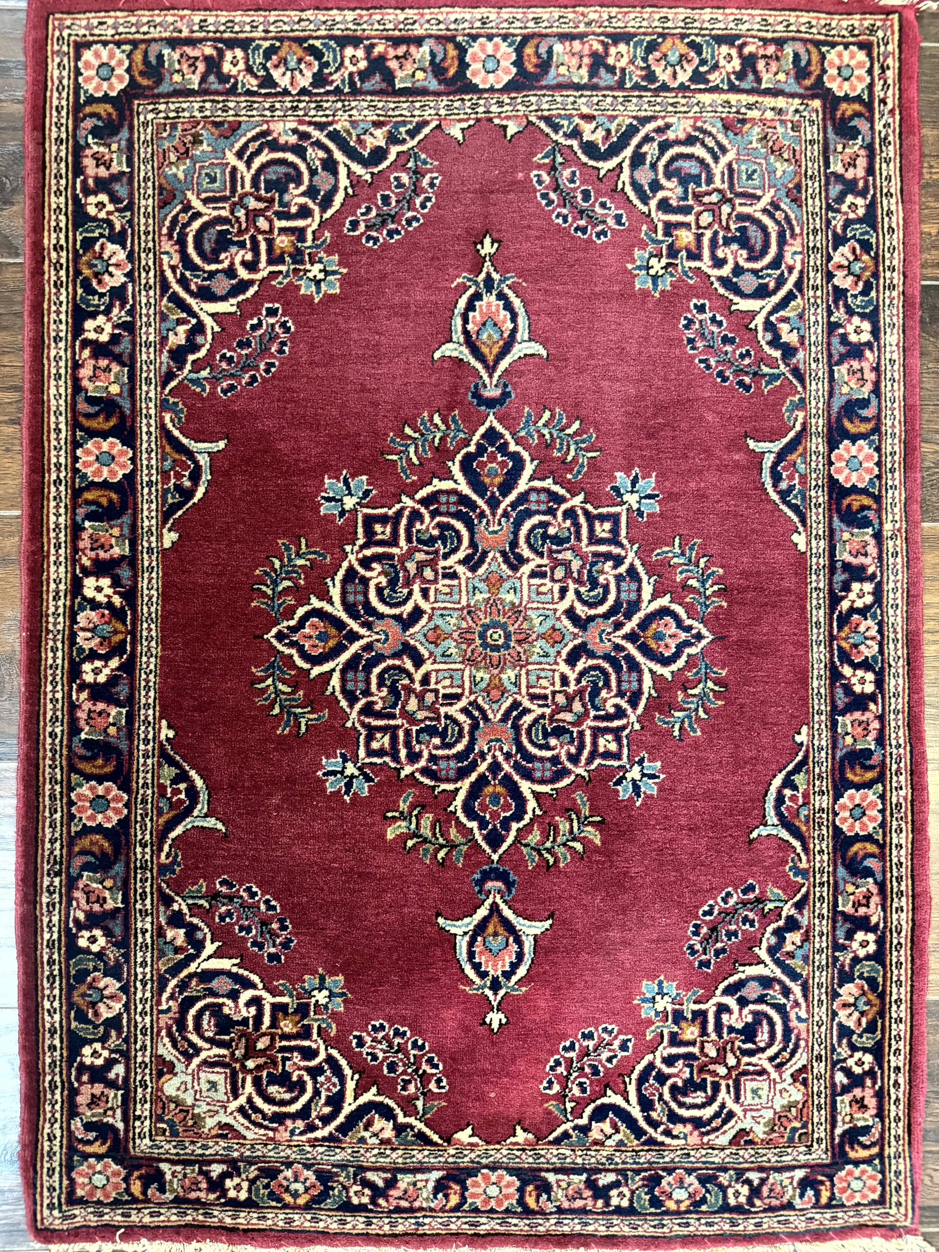 Small Persian Kashan Rug 2x3, Red and Navy Blue, Handmade Vintage Wool Semi Antique Persian Carpet, Semi Open Field - Jewel Rugs