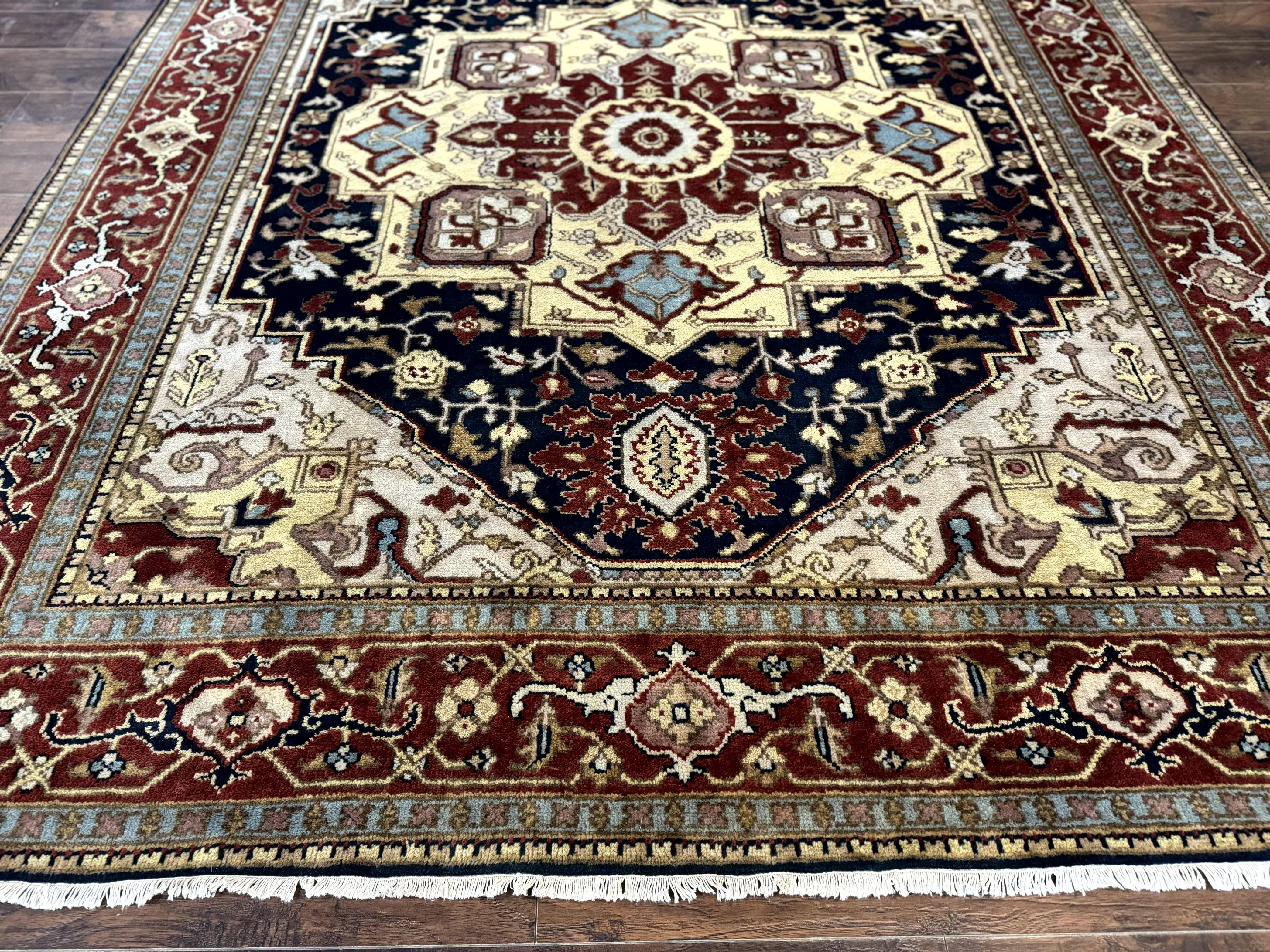 Indo Persian Heriz Rug 8x10, Geometric Medallion, Serapi Carpet, Wool Vintage Rug - Jewel Rugs