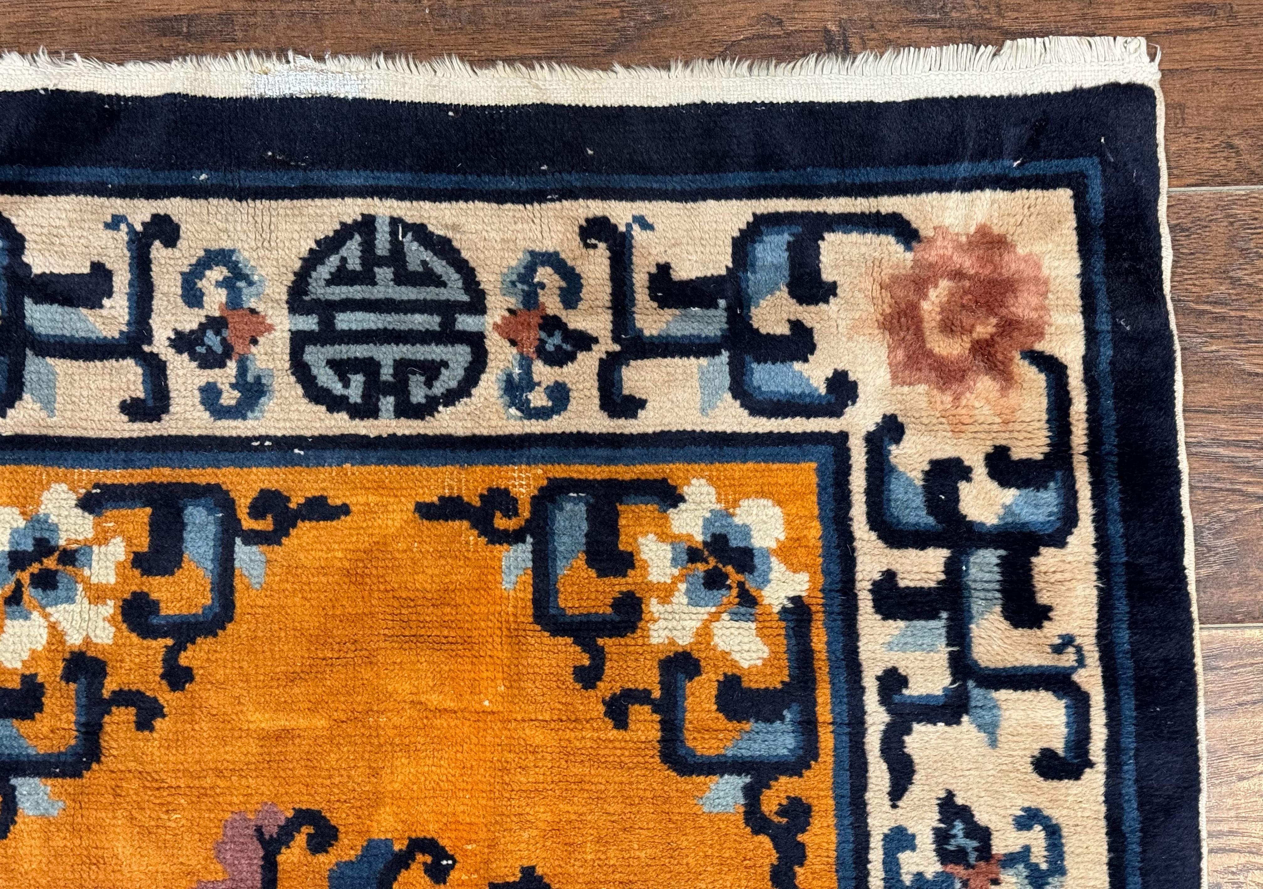 Chinese Peking Runner Rug 2x15 – Orange Ivory & Blue, Hand-Knotted Wool Antique Runner - Jewel Rugs