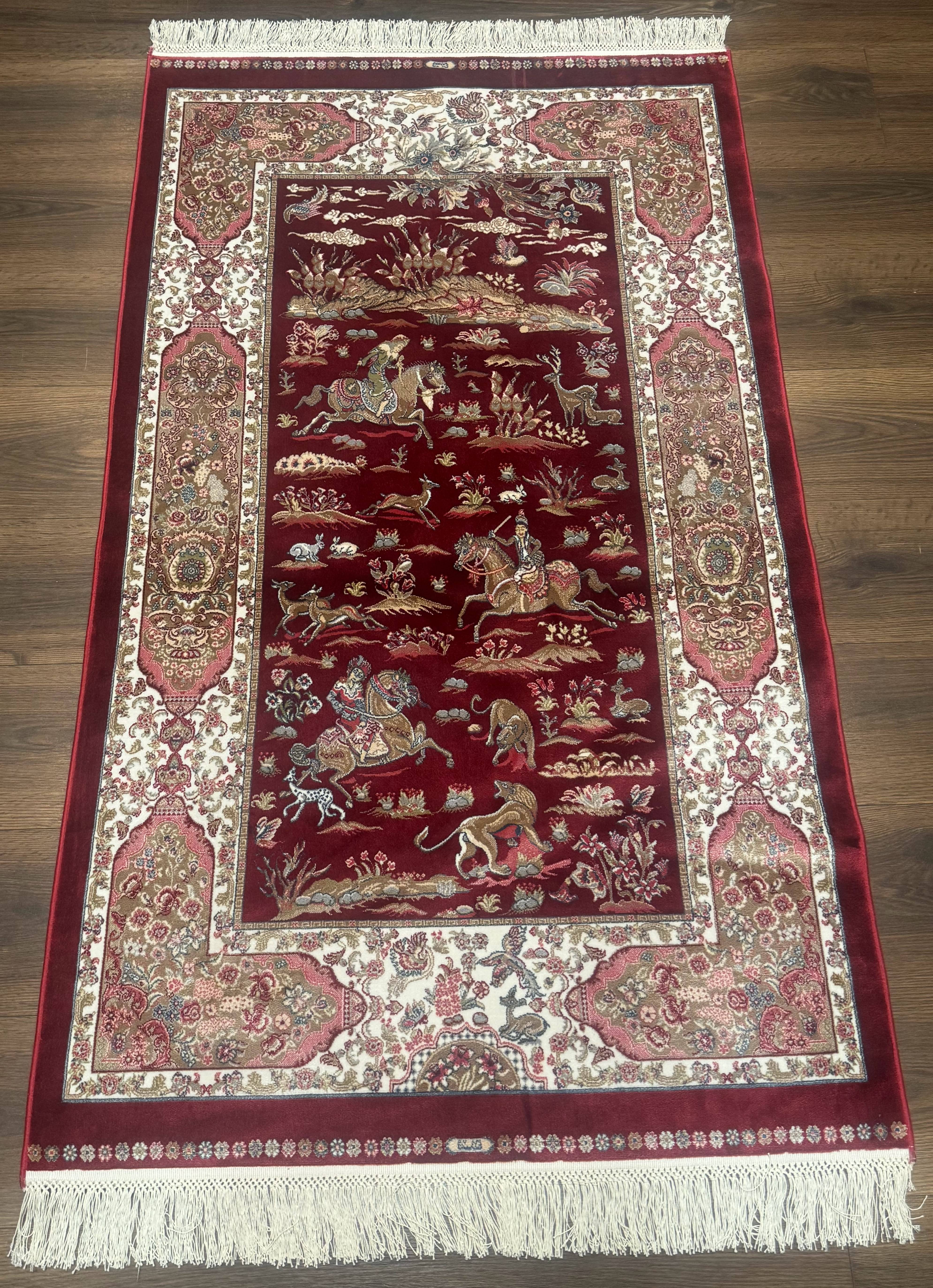 Turkish Silk Rug 3x5, Hunting Design, Dark Red & Ivory, Bamboo Silk, New - Jewel Rugs