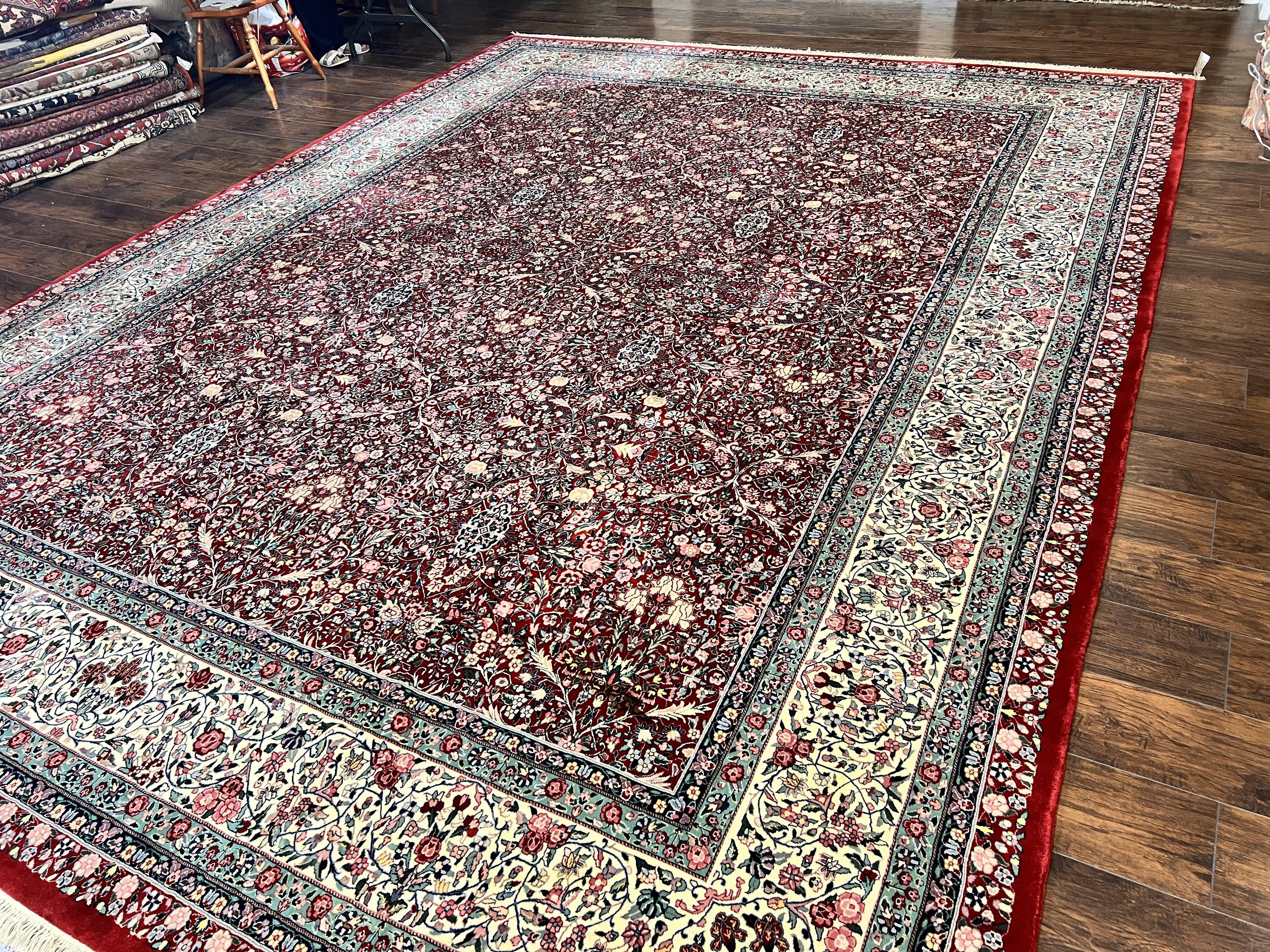 Pak Persian Rug 11x15, Wool & Silk Highlights Hand Knotted Vintage Carpet, Red Cream, Floral Allover, Oversized Kirman Rug - Jewel Rugs
