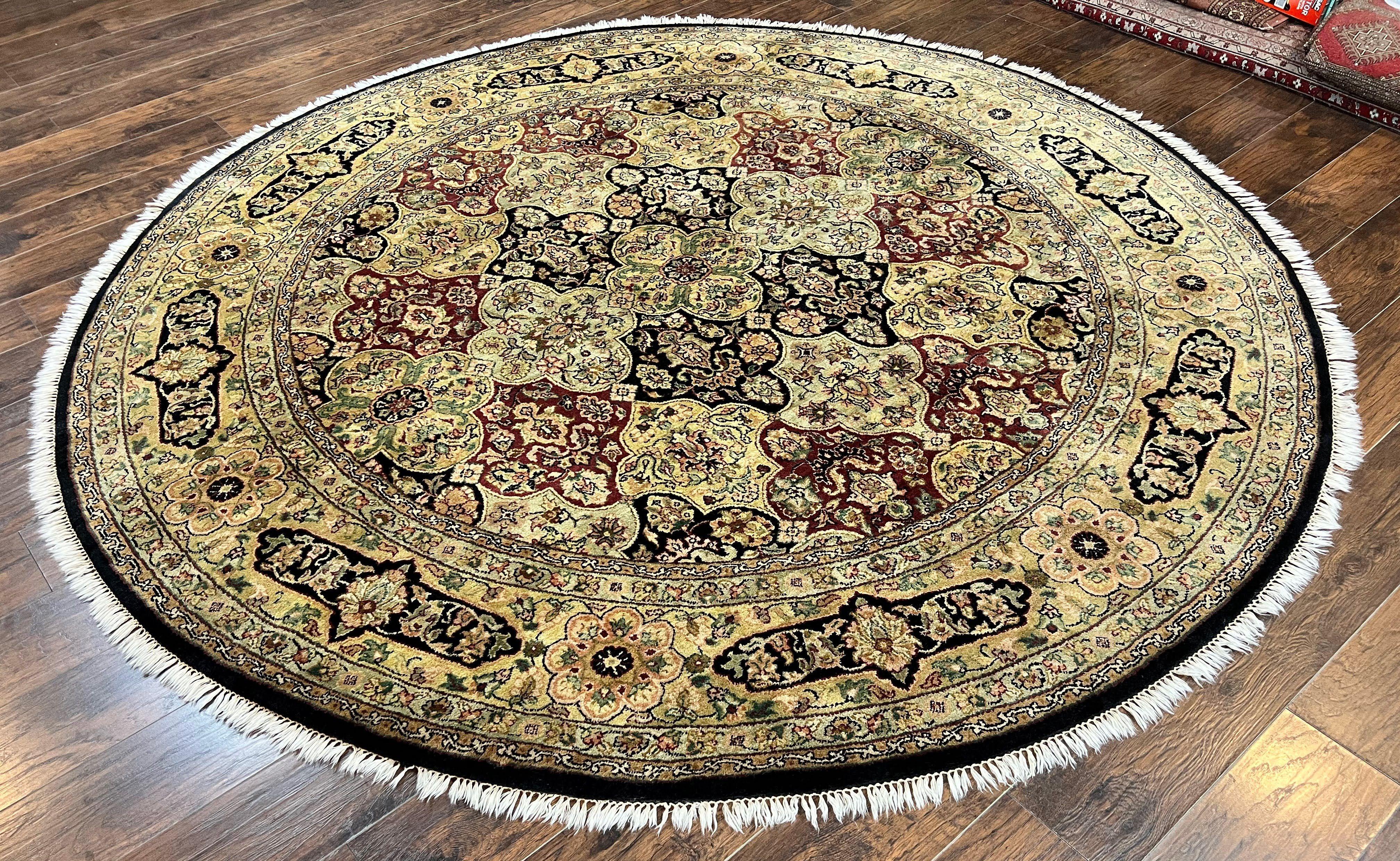 Indo Mahal Round Rug 9x9 ft, Large Circular Handmade Hand Knotted Area Rug, Red Midnight Blue Beige Wool Indian Oriental Carpet, Traditional - Jewel Rugs