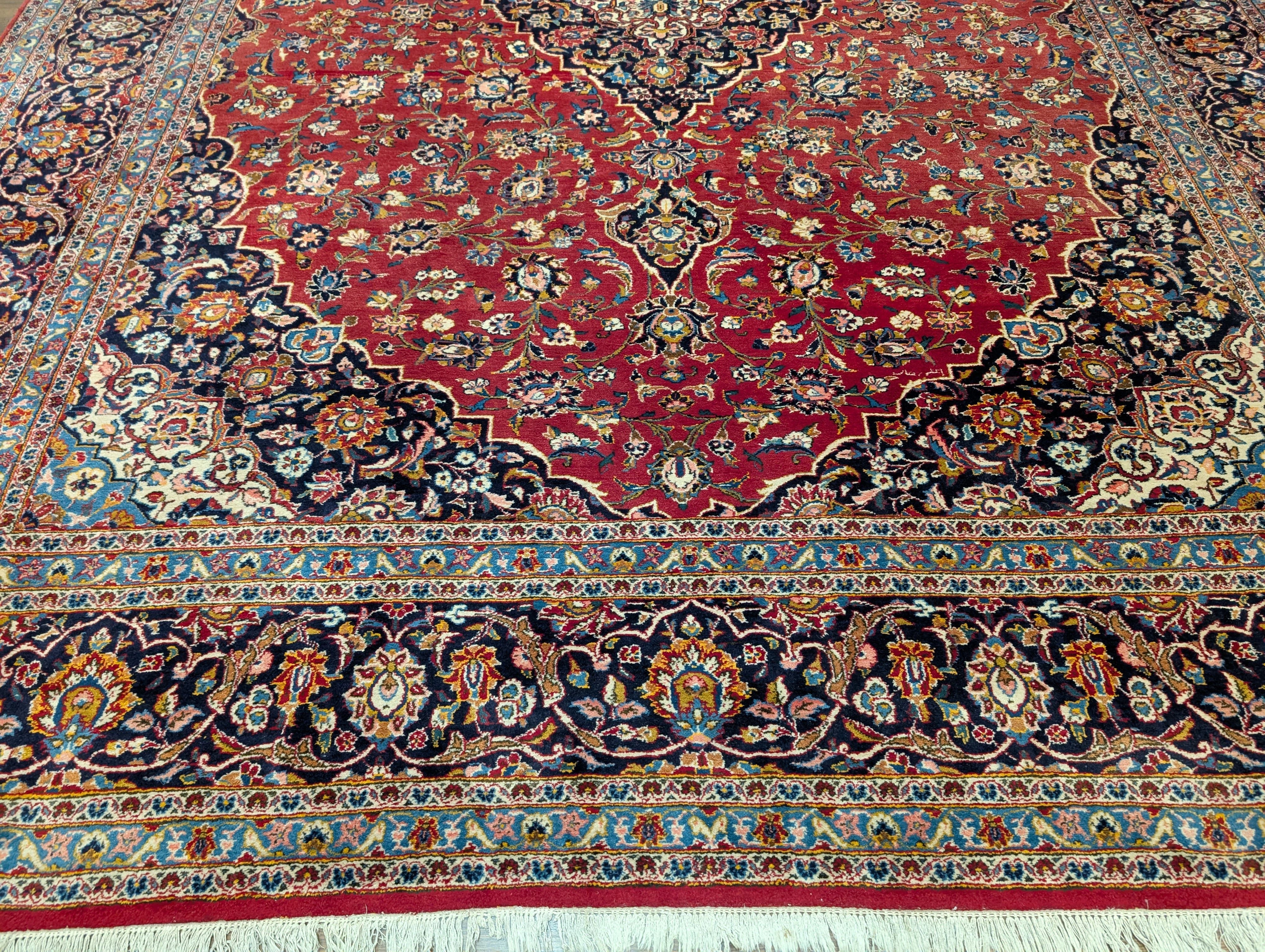 Persian Kashan Rug 10x14, Red and Navy, Hand Knotted Wool Traditional Persian Carpet, Signed By Master Weaver - Jewel Rugs