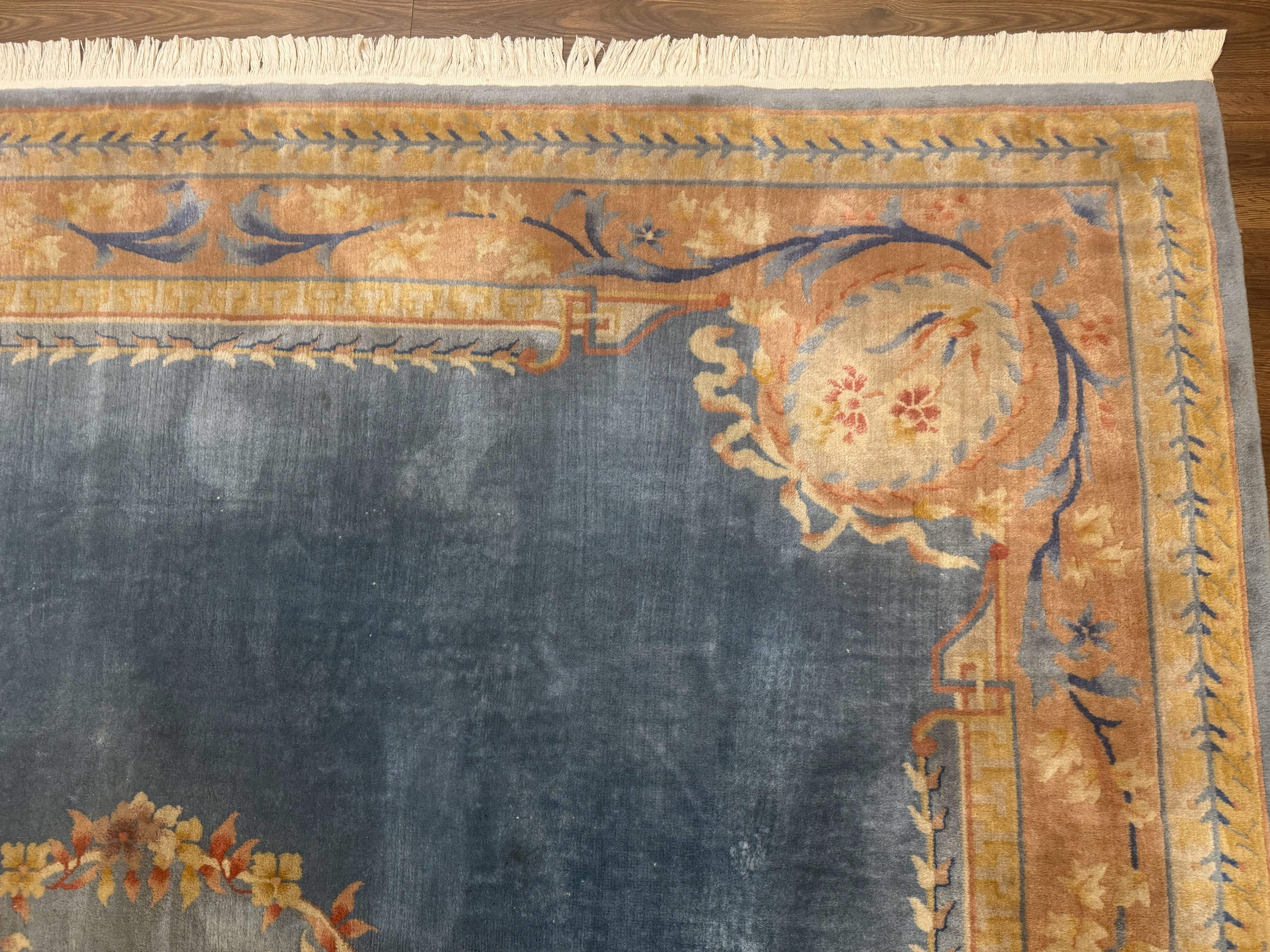 Chinese Aubusson Wool Rug 9x11, Light Blue and Salmon, Hand Knotted, Soft Pile - Jewel Rugs